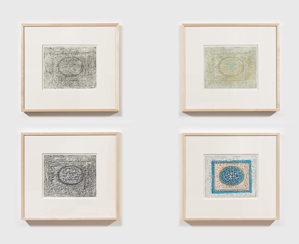 Four abstract expressionist etchings of an oval enclosed in a rectangle. From top left to bottom right: grey, lime green, black, and bright blue.
