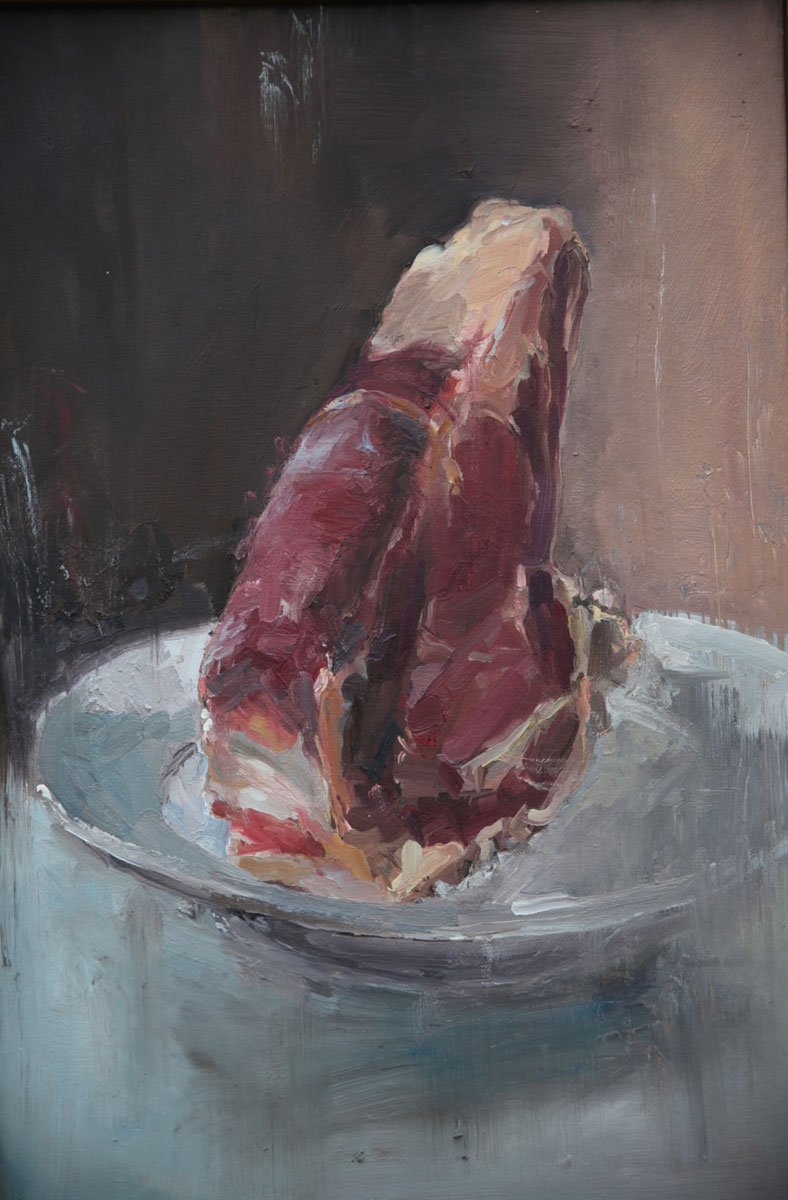 Painterly depiction of a verticle Greek steak on a white plate.