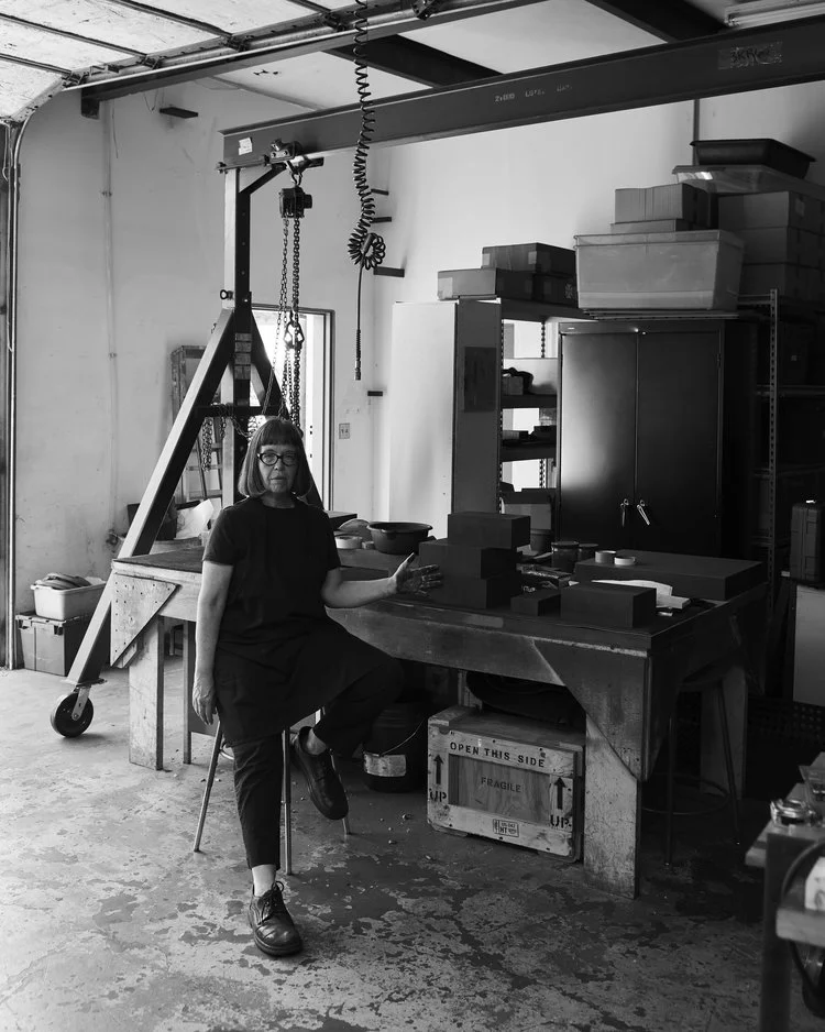 Black and white photograph of Susan York in her studio in Santa Fe.