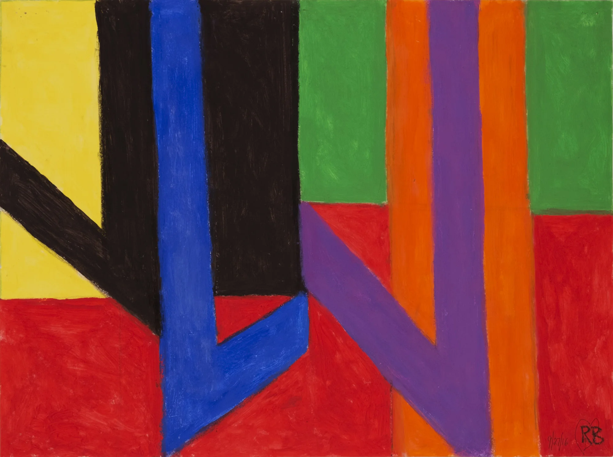 Geometric drawing using black, primary, and secondary colors.