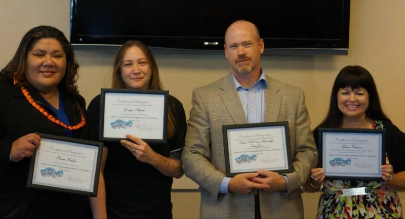  (L-R) Ohevet Fotofini , Board and Care Operator; Georgia Peterson , Mental Health Association/Spring Street Shelter; Kevin Jones , Administrator, Telecare Transitions; and Karen Francone , Service League of San Mateo receive their Housing Heroes awards on October 22. 