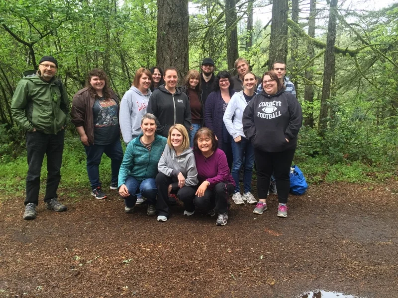 (L-R)Top Row: David Nez , Recovery Specialist; Cirsten Kimball , Recovery Specialist; Salena Schwartz , Clinical Director; Sharon Aumani , RN; Angela Gilleran , Recovery Specialist; Joyce Bailey , Recovery Specialist; Steve Ryniker , Housekeeper; Vieve , Art Therapist; Jacob Jonas-Closs , Recovery Specialist; Sarah Gracey , BOM; JoAnna WIlliams , Recovery Specialist; Petr Penkov , Housekeeper. (L-R) Bottom Row: Jen Patterson , Admit/Discharge Coordinator; Jenny Siemens , RN; and Barbara Lee , Recovery Specialist.