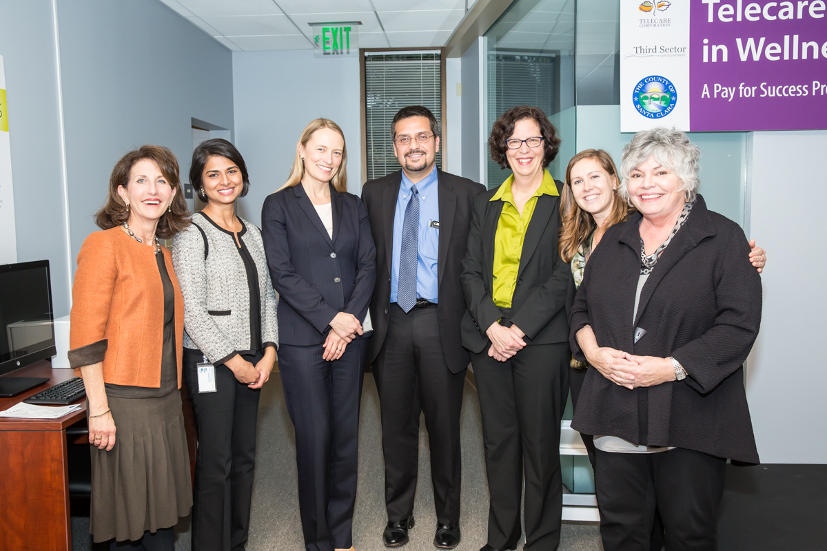 (L-R) Anne Bakar , President and CEO of Telecare; Kavita Narayan , Deputy County Counsel for Santa Clara County; Greta Hansen , Chief Assistant County Counsel for Santa Clara County; Miguel Marquez , Chief Operating Officer for Santa Clara County; Faith Richie , Senior Vice President of Development at Telecare; Toni Tullys , Director of Behavioral Health Services for Santa Clara County; and Caroline Whistler , President and Co-Founder of Third Sector Capital Partners, Inc., at the Telecare Partners in Wellness Open House on February 8, 2017.