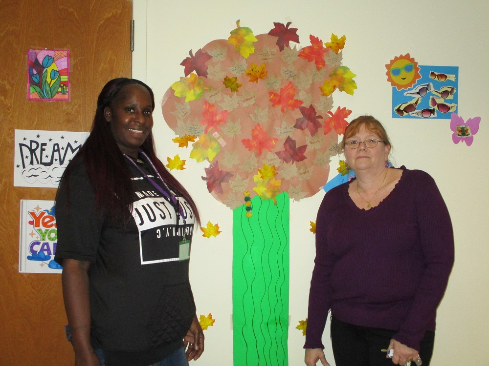 Nina Kalley-Wilson, Recovery Specialist, and Angela Duncan, Peer Recovery Coach, created a gratitude tree for staff and clients to post "leaves of gratitude" for all to see at thurston mason evaluation and treatment center in olympia, washington.