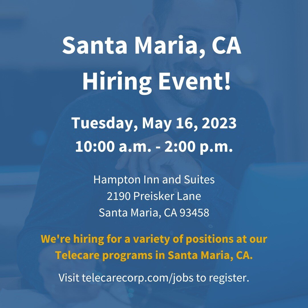 Santa Maria mental healthcare professionals, we're ready to meet you!

Details and the link to register can be found at telecarecorp.com/jobs. 

See you soon!

#jobs #healthcarejobscalifornia #santamaria #santamariaca #telecarecorp #telecarecorporati