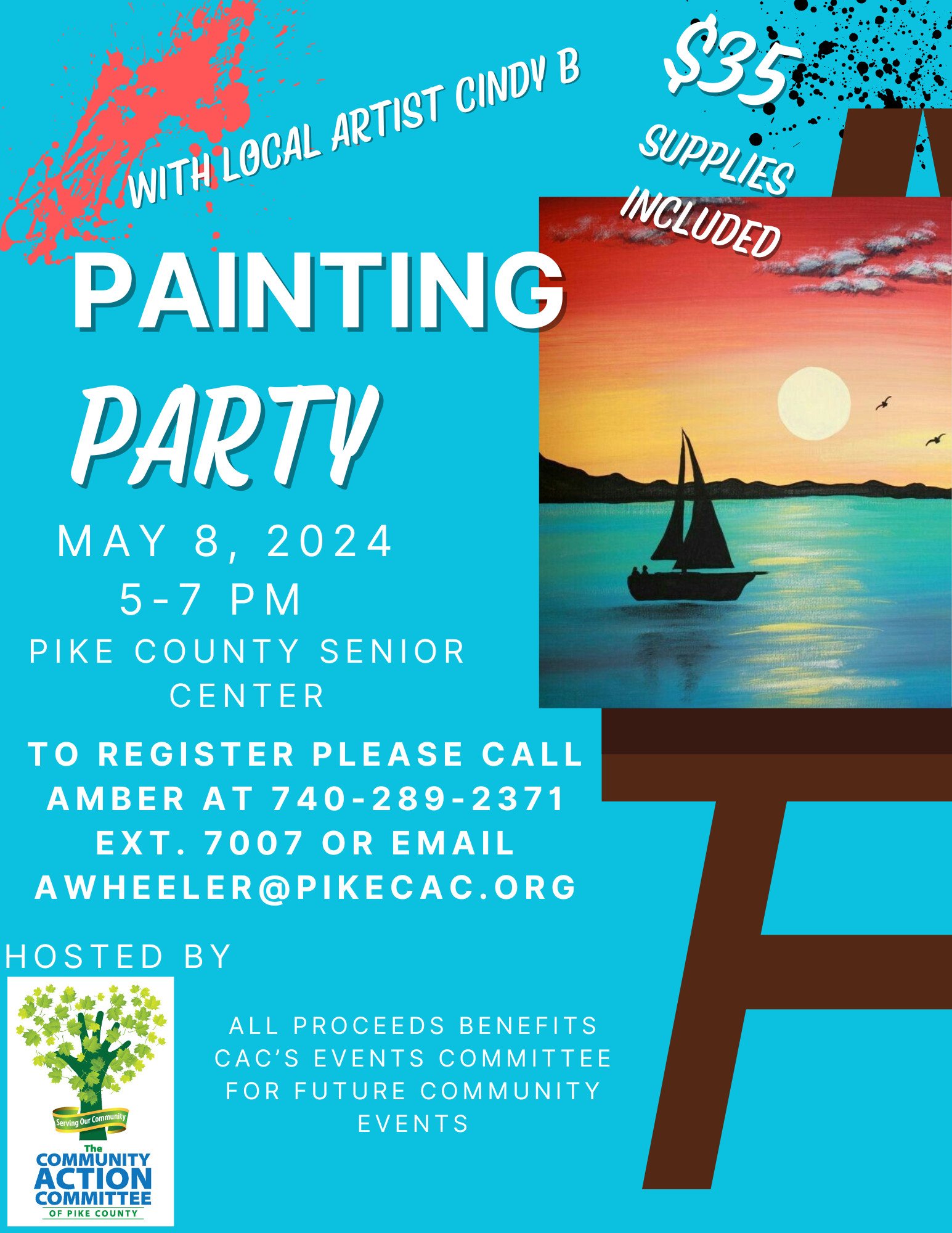   Painting Party with Local Artist Cindy B    Wednesday, May 8    5:00 PM - 7:00 PM    Pike County Senior Center    Waverly  
