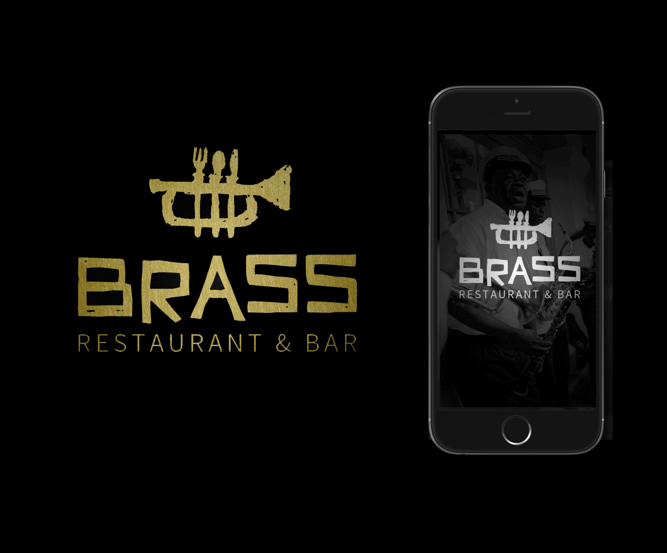 Another part of the Brass project was designing an app that could be used to check the menus of the bar and restaurant as well as make a reservation and order. The app uses black and white New Orleans themed pictures in the background with white text set a top. Hand drawn icons represent the four options while sticking with the overall theme of the brand. .