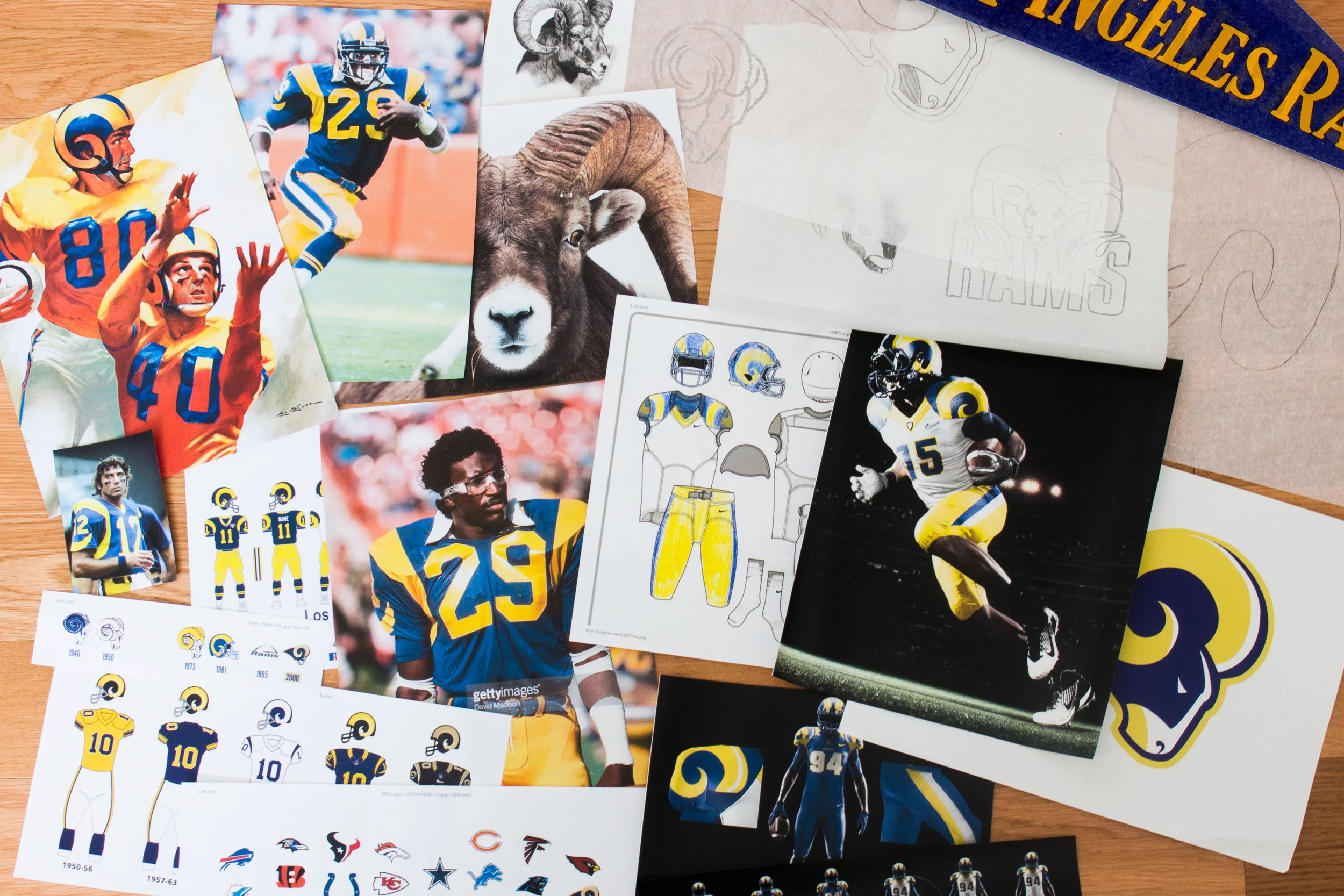 When I started the process of rebranding the Rams, I went through images of when they were at their best in Los Angeles. Using those old images of the Rams and the rich history and enduring character they have in LA, I reintroduced deep royal blue and yellow that define LA and its iconic bright lights. For the logo, I printed out pictures of Rams so that I could better understand the shapes that would lend themselves to make a successful mark. Sketching out a number of different marks, I decided the current logo had a good shape but just need a few adjustments to be more successful. 