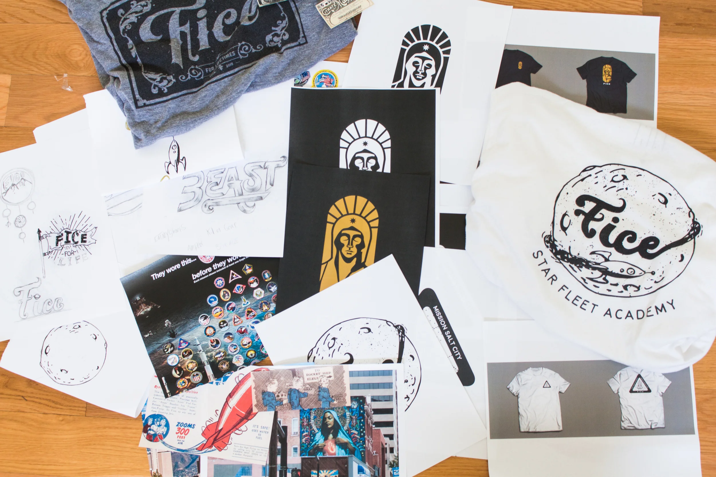 A homegrown store, Fice blends Salt Lake with a growing street wear culture. Talking to the owner about which brands are most successful at his store, I studied graphic trends in the streetwear companies that I like to wear and that Fice sells. From companies like 10DEEP and Rebel8, hand drawn typographical elements and bold clean graphics are huge right now. Knowing what the Fice owners liked for subject matter I set out to create a diverse set of graphics that would sell well. 