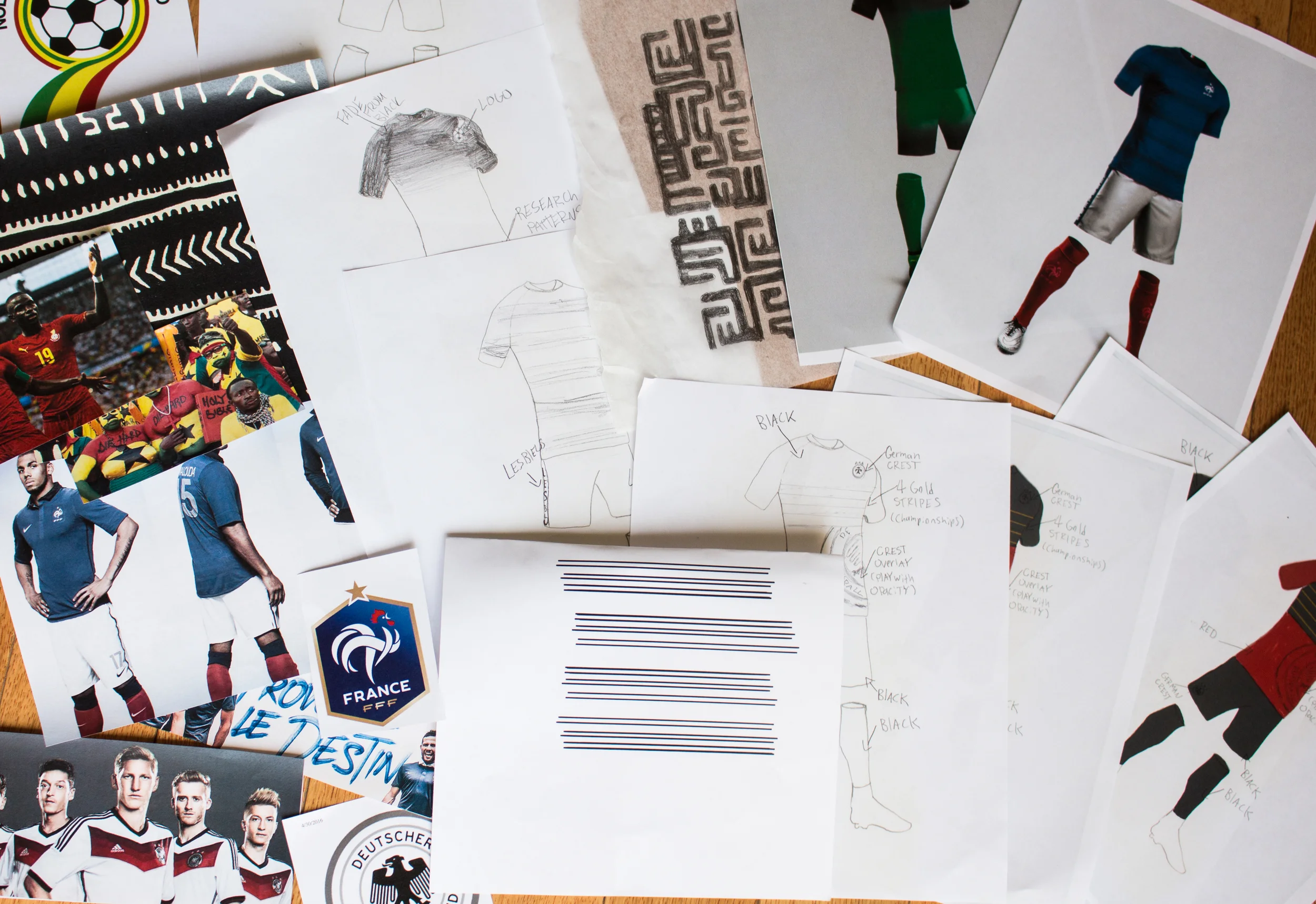 After researching for each team's uniforms, I redesigned each to focus on their respective nation's culture and the history of their soccer team. The World Cup gives players the honor of playing for their families, friends and most importantly their country. With each uniform I wanted to create something that not only honored each team's country, but was also a representation of each team's play on the pitch while paying close attention to details.