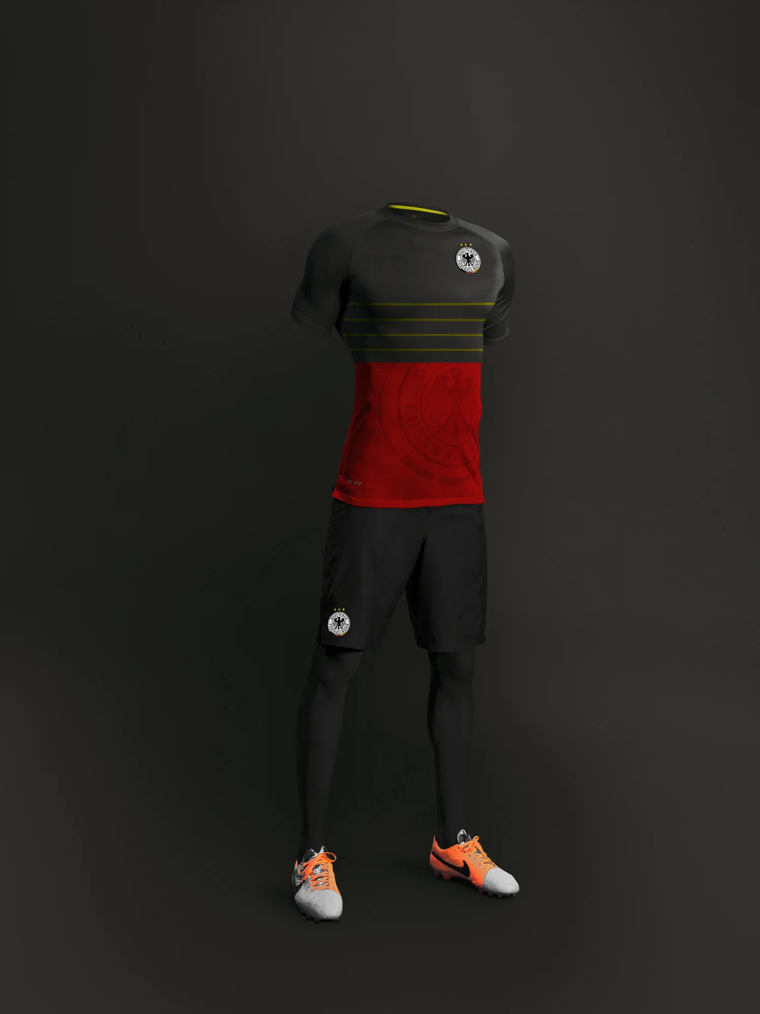 As one of the most decorated soccer teams in the world, Germany is known for their size and attacking style of play. Black and Deep Red blend to tell the story of Germany's intense style of play. The black upper on the body of these uniforms are meant to make the German players look more broad and intimidating. Four Gold lines run across the chest as homage to not only the German national colors, but also their four World Cup titles. The abdomen is fit with a deep red and accented by a subtle, but oversized, German crest. Keeping with the intimidation of black, the lower half of the uniforms speak to German intensity on the pitch.