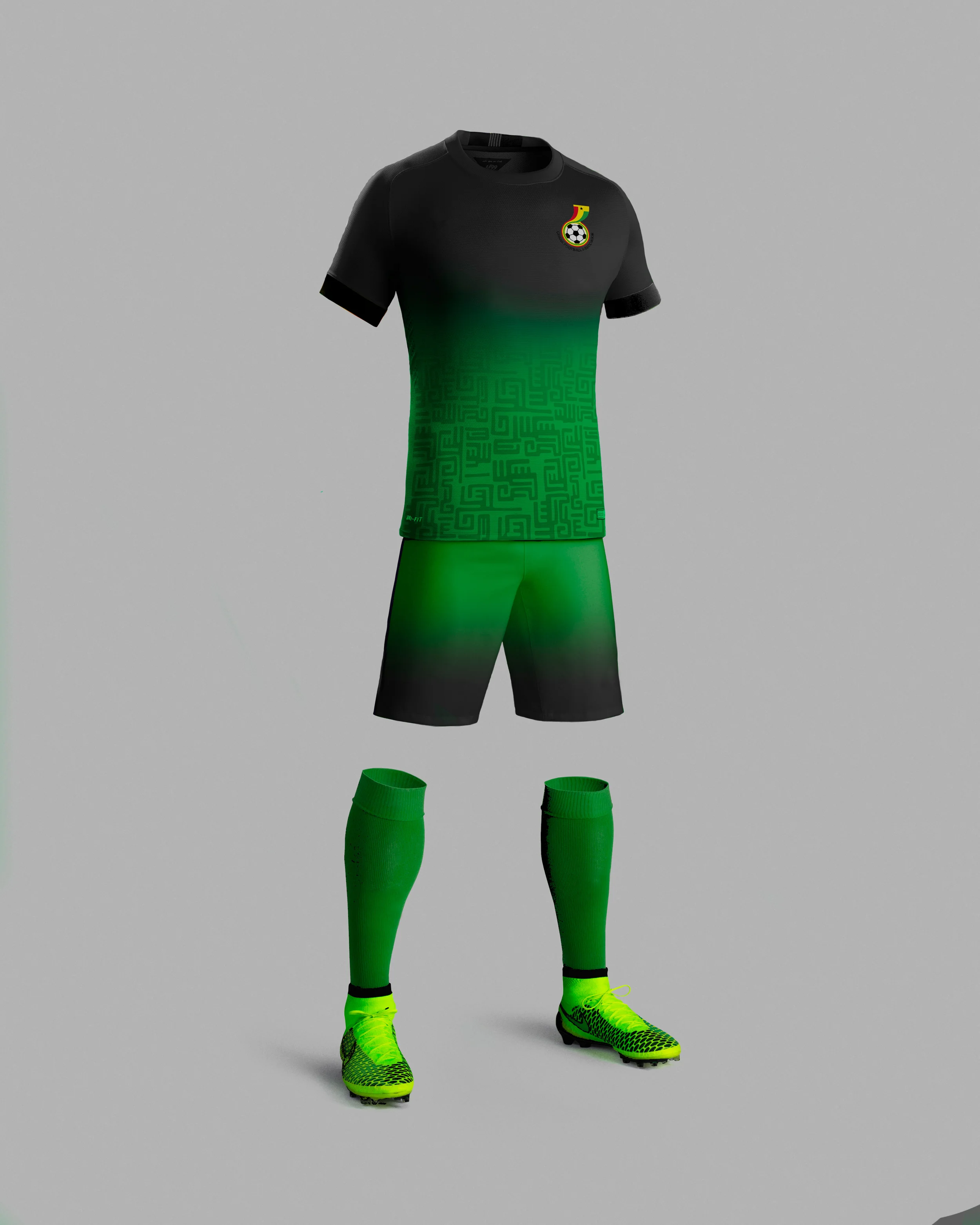 For Ghana, a green and black fade theme speaks to the rain forests that cover most of the country, while also accenting the athletes body. An ashanti pattern adorns the shirt, paying homage to the largest tribe in Ghana and their rich history. Ghana's National Football logo gives a bit of national pride to the chest of the uniform.