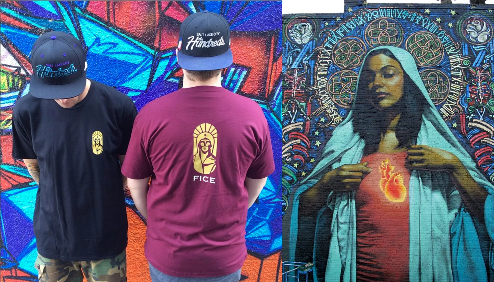Standing forty feet tall, El Mac and Retnas painting of Mary on the side of Fice's shop is the most recognizable piece of street art in downtown Salt Lake. With that as my inspiration, I wanted to create a bold illustration of Mary that would represent Fice's famous painting. Illustrating the Mary I wanted to create a shape that would fit well on both the chest and the back. I ended up creating this pill shaped Mary graphic that fits perfect on the back in between the shoulders as well as a small chest hit.