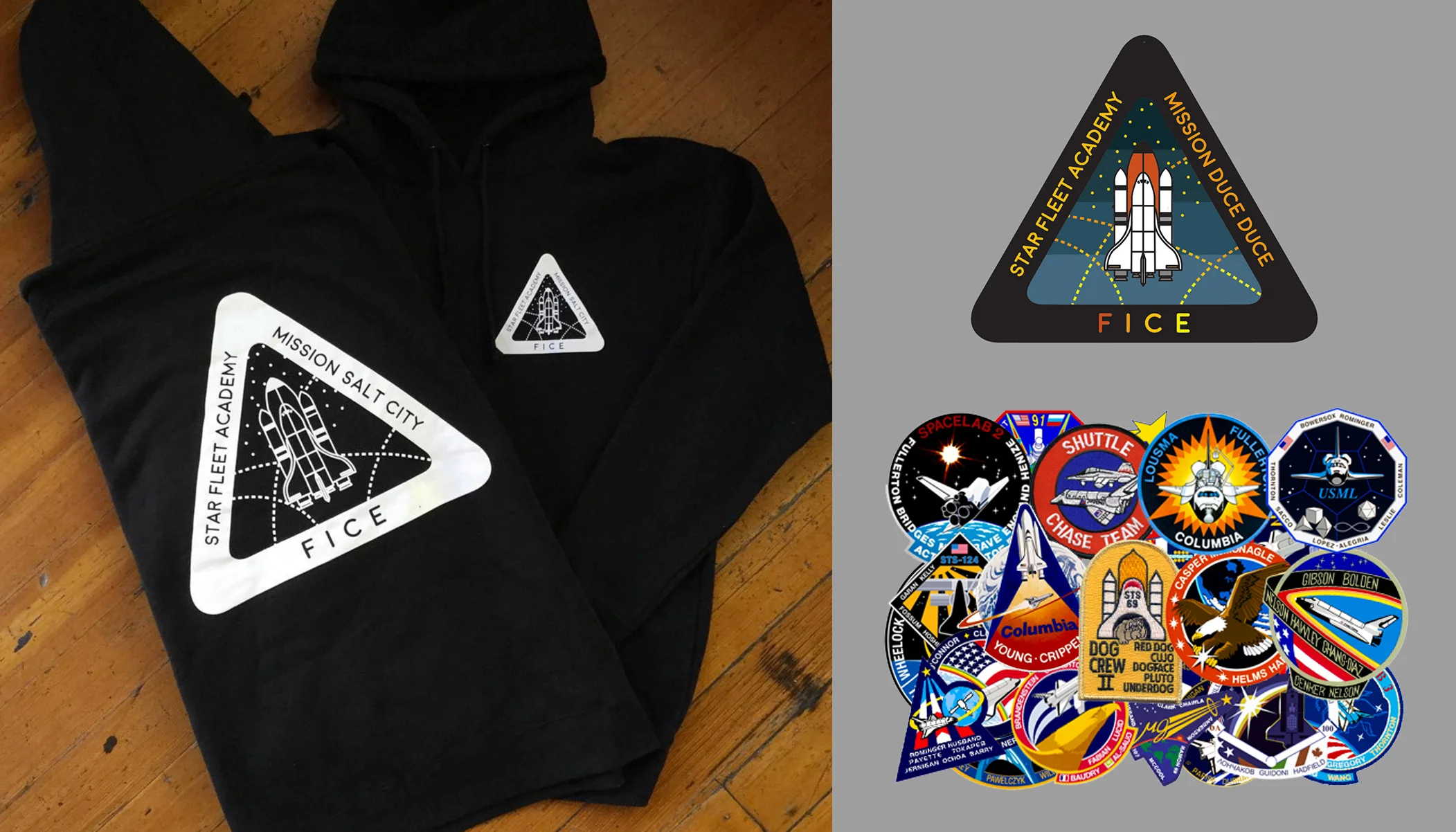 For those who shop at Fice there is a sense of community. Focusing on that community and Fices love of space, I created the "Star Fleet Academy Patch" design. Based off of NASA's astronaut patches, this graphic wears like a badge for those who consider themselves part of the "Star Fleet Academy" (one of Fice's many nicknames). Mission Salt City sits on the opposite side as a direct reference to the 801.