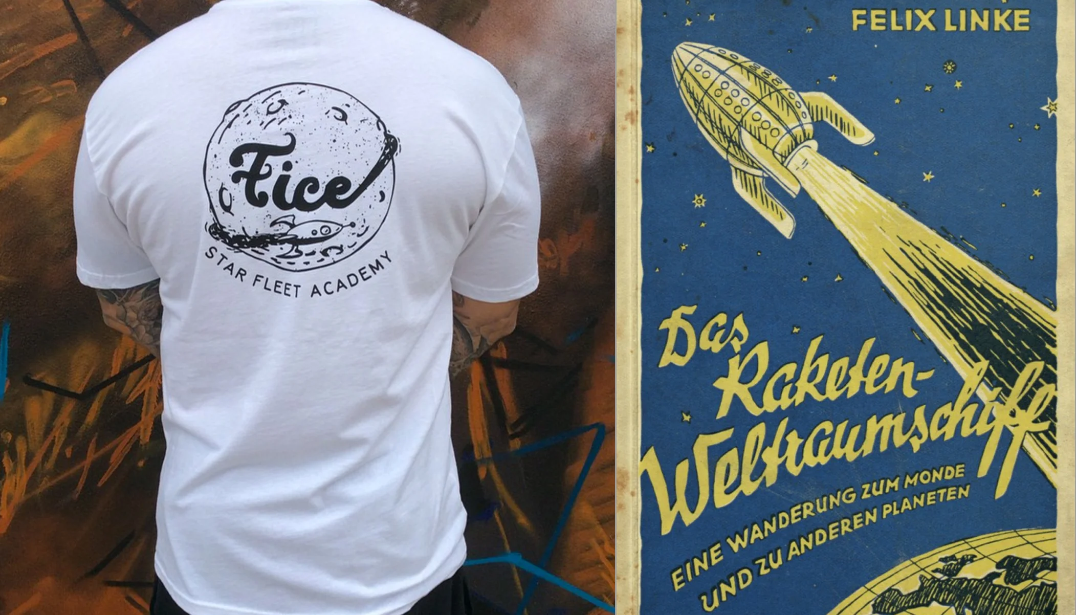 Sticking with the space theme, this graphic was a throw back to old space illustrations of the fifties with their heavy black lines and pen stroke texture. Placing the planet on the large of the back allows for the graphic to be large and easily read. Trying to emulate that 50's comic feel a retro rocket ship shoots out of the word Fice.