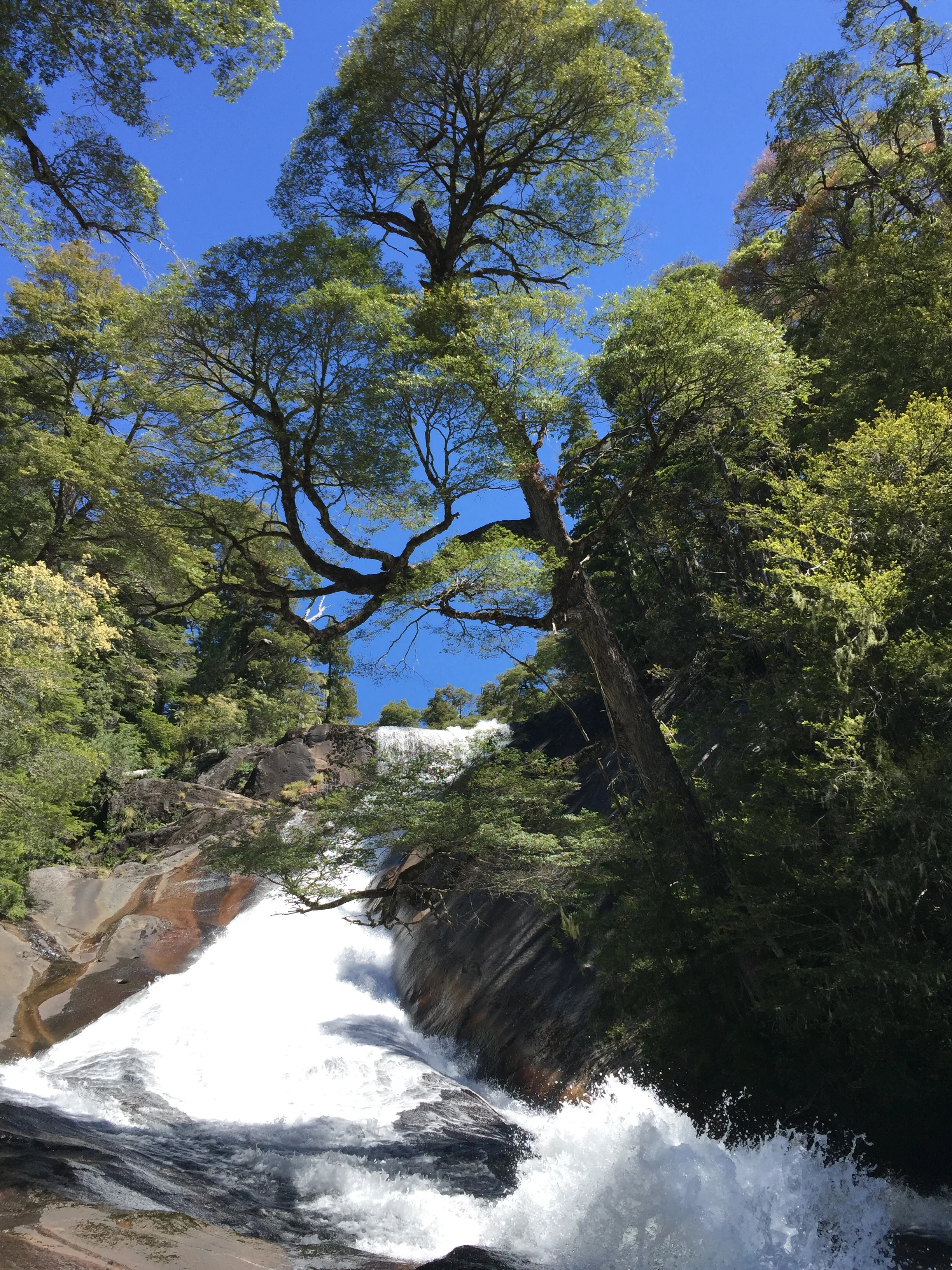 Glacial melt cascades over sun warmed bed rock. One of many many waterfalls of the area.