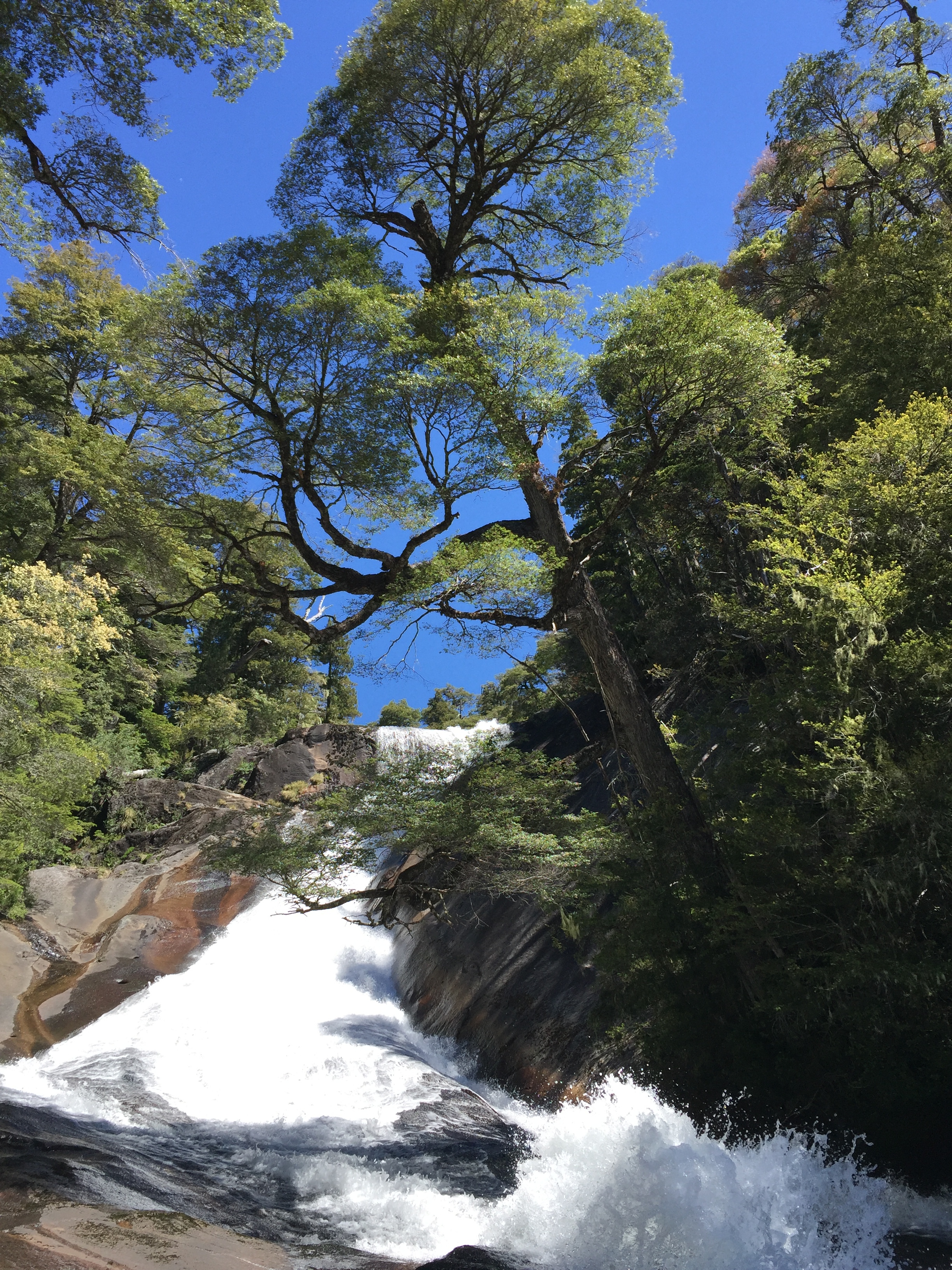Glacial melt cascades over sun warmed bed rock. One of many many waterfalls of the area.