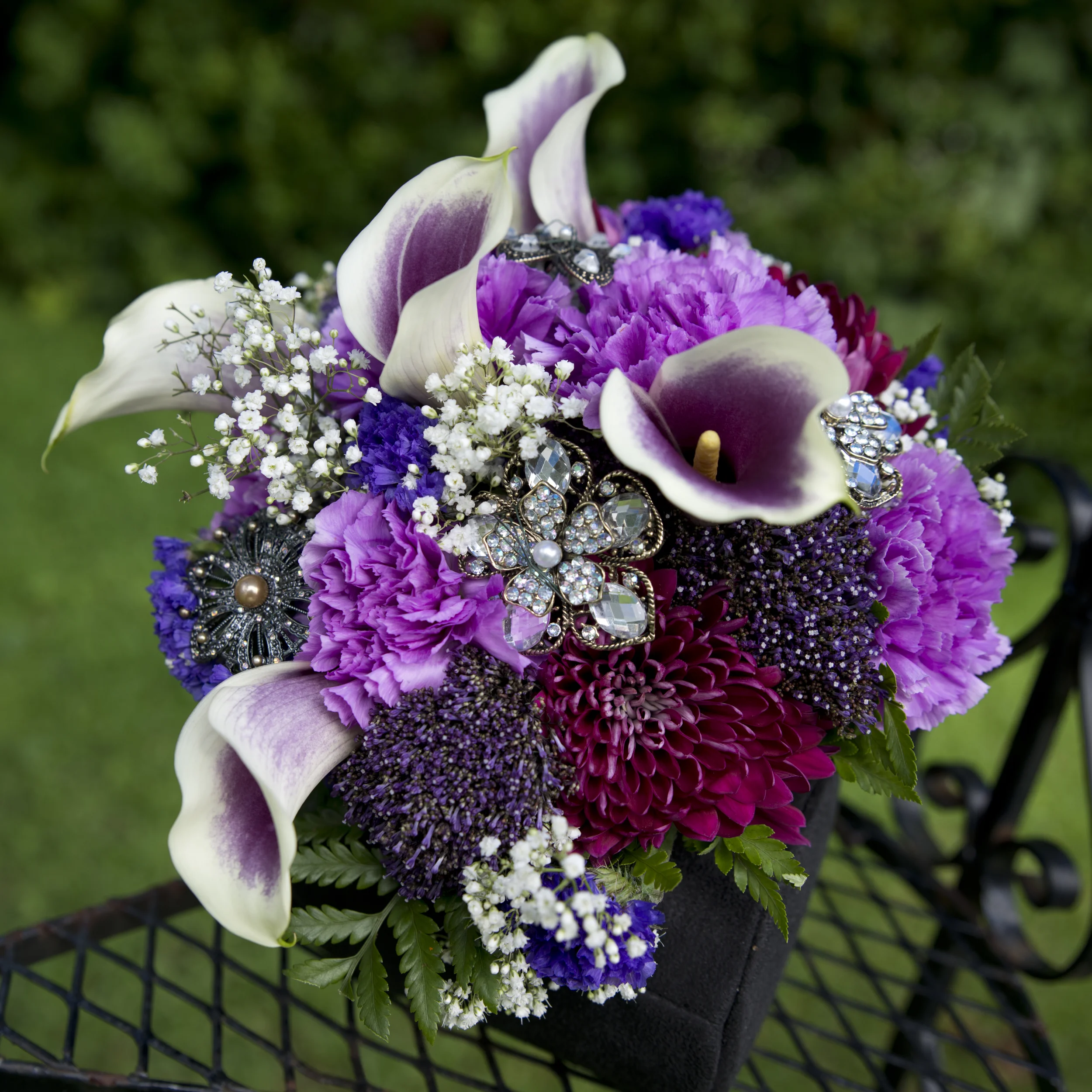Picasso Calla Lilies, Lavander Carnations, Purple Mums