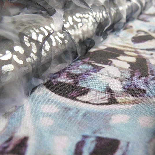 Textiles - digital print of cocoons & heat treated polyester + foil