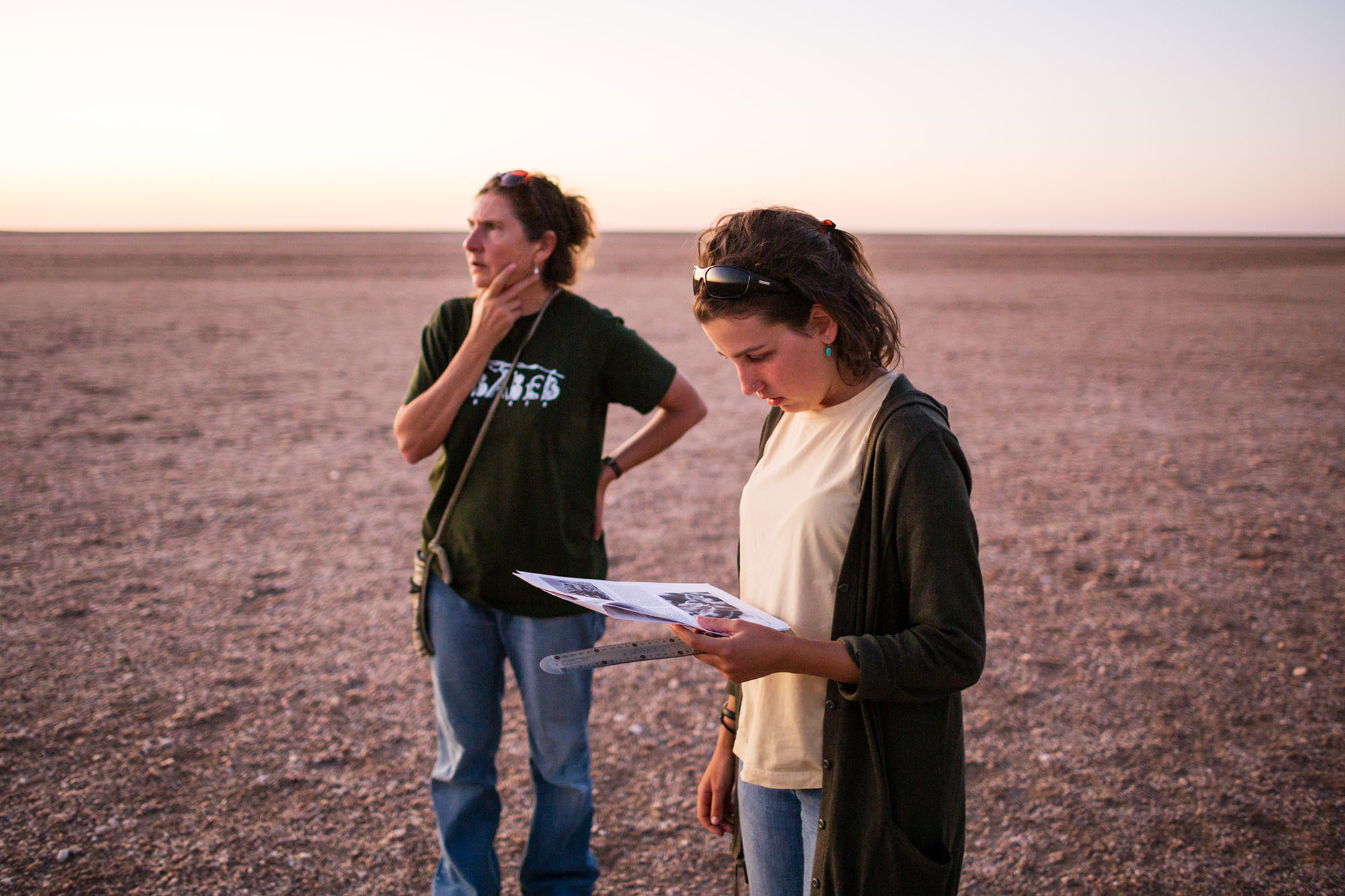Dr Gillian Maggs-Kölling and Meg Schmitt (foreground) of Gobabeb try to locate the small plant on the extensive plains.