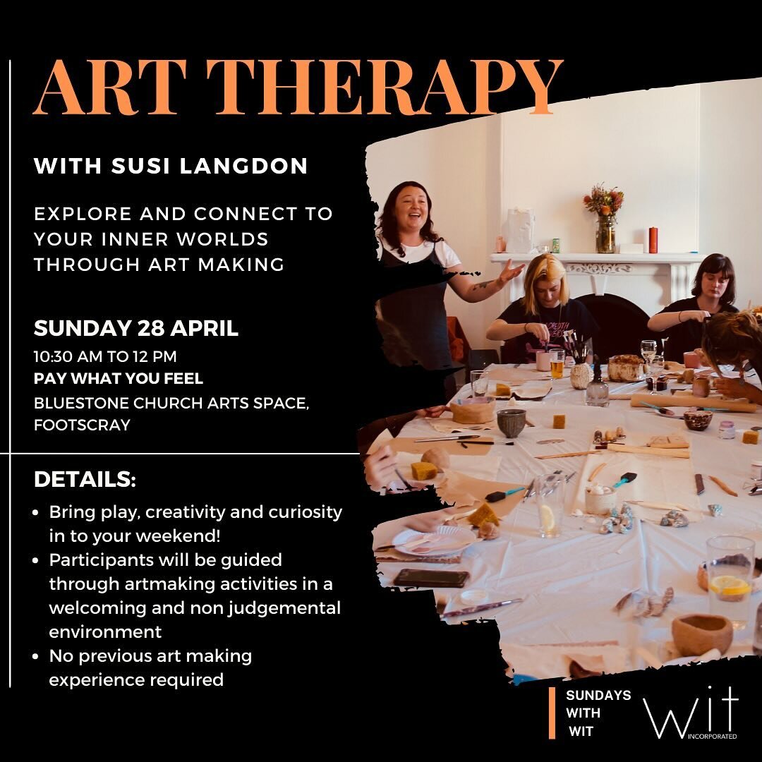 #sundaywithwit is happening twice in April! For the first time ever we will be offering a group art therapy workshop with Susi Langdon.

Come and unwind, paint, draw and create 🎨✍️🖌️

Sunday 28 March
10:30 am to 12 pm
Bluestone Church Arts Space,
F