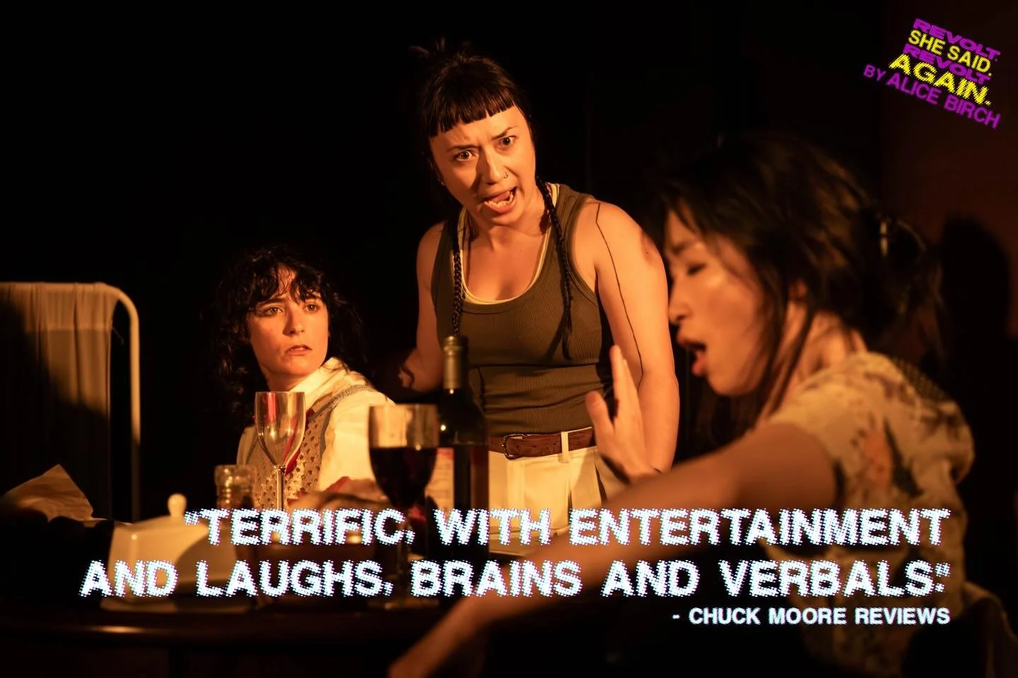 Our first review is out, and we are absolutely buzzing. 💥✨
A huge thank you to Chuck Moore Reviews for such generous words about Revolt. She Said. Revolt Again.
- &ldquo;Terrific, with entertainment and laughs, brains and verbals.&rdquo;
- &ldquo;Wi