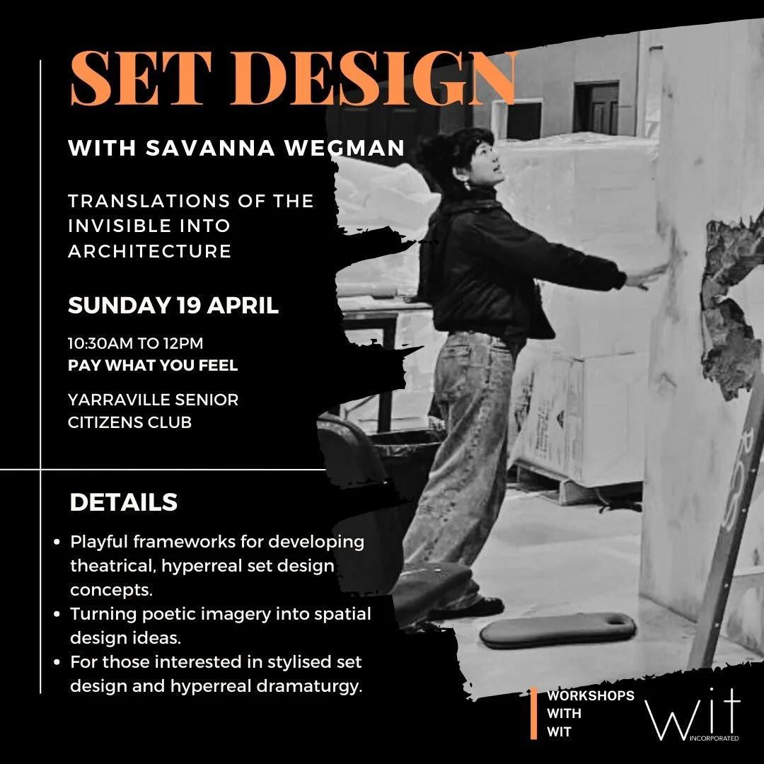 SET DESIGN
With Savanna Wegman

Translations Of The Invisible Into Architecture

Sunday 19 April 
10:30am-12pm
Yarraville Senior Citizens Club 
48 Fehon St, Yarraville VIC 3013

Pay what you feel

Book via 🔗 in bio

Details:
-  Introduction to set d