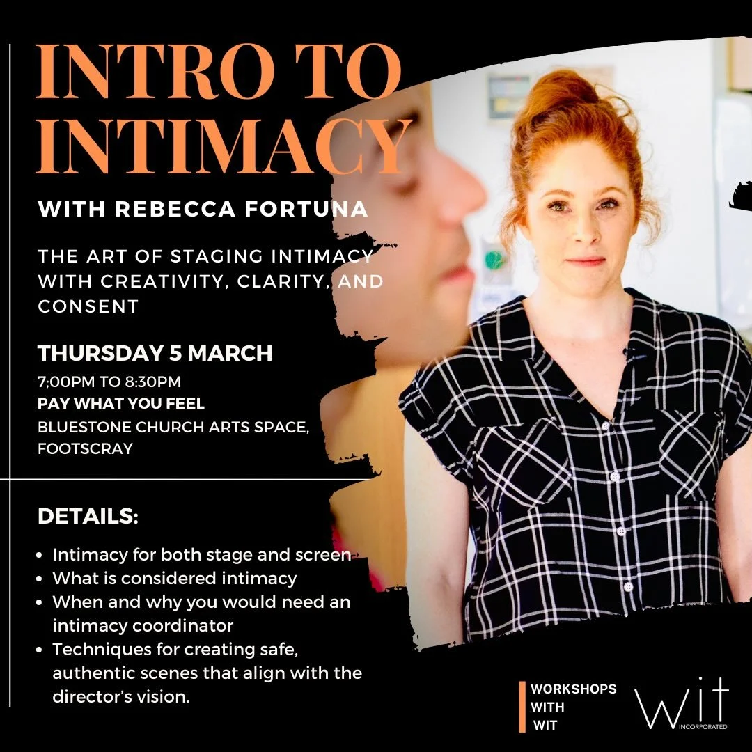 🎭INTRO TO INTIMACY: STAGE AND SCREEN🎭
With Rebecca Fortuna

Learn the art of staging intimacy with creativity, clarity, and consent

Thursday March 5
7 - 8:30pm
NEW LOCATION:
Civic Precinct and Community Hub - Meeting Room G2
(61 Napier Street, Foo
