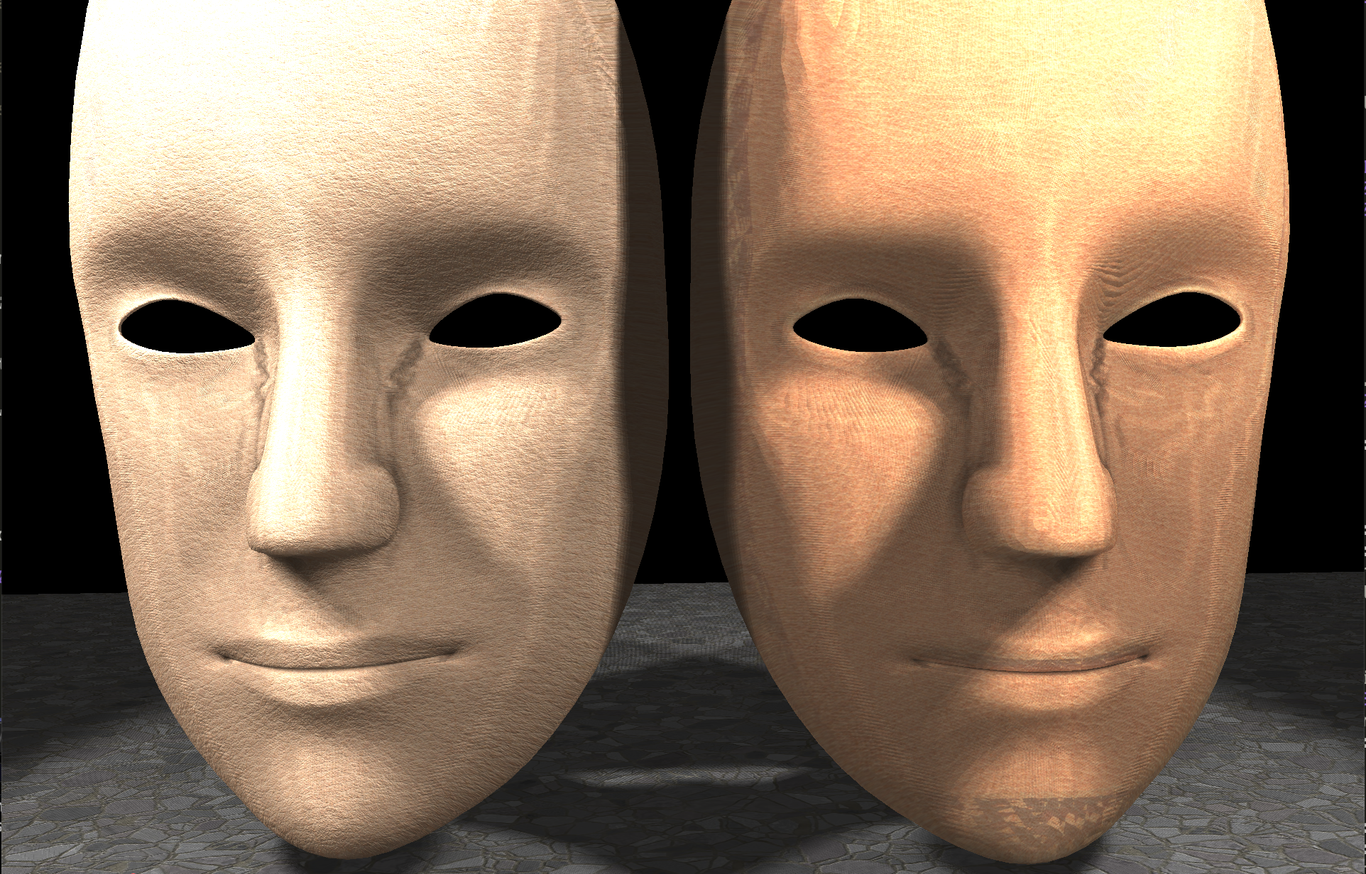 (Right: A Phong Model with Normal Mapping. Left: Simulated Subsurface scattering, Kelemen/Szirmay-Kalos Specularity with Normal Mapping)