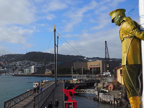 One of Peace Action Wellington's guerrilla sculptures installed at Frank Kitt's Park in Wellington on Anzac Day 2016.