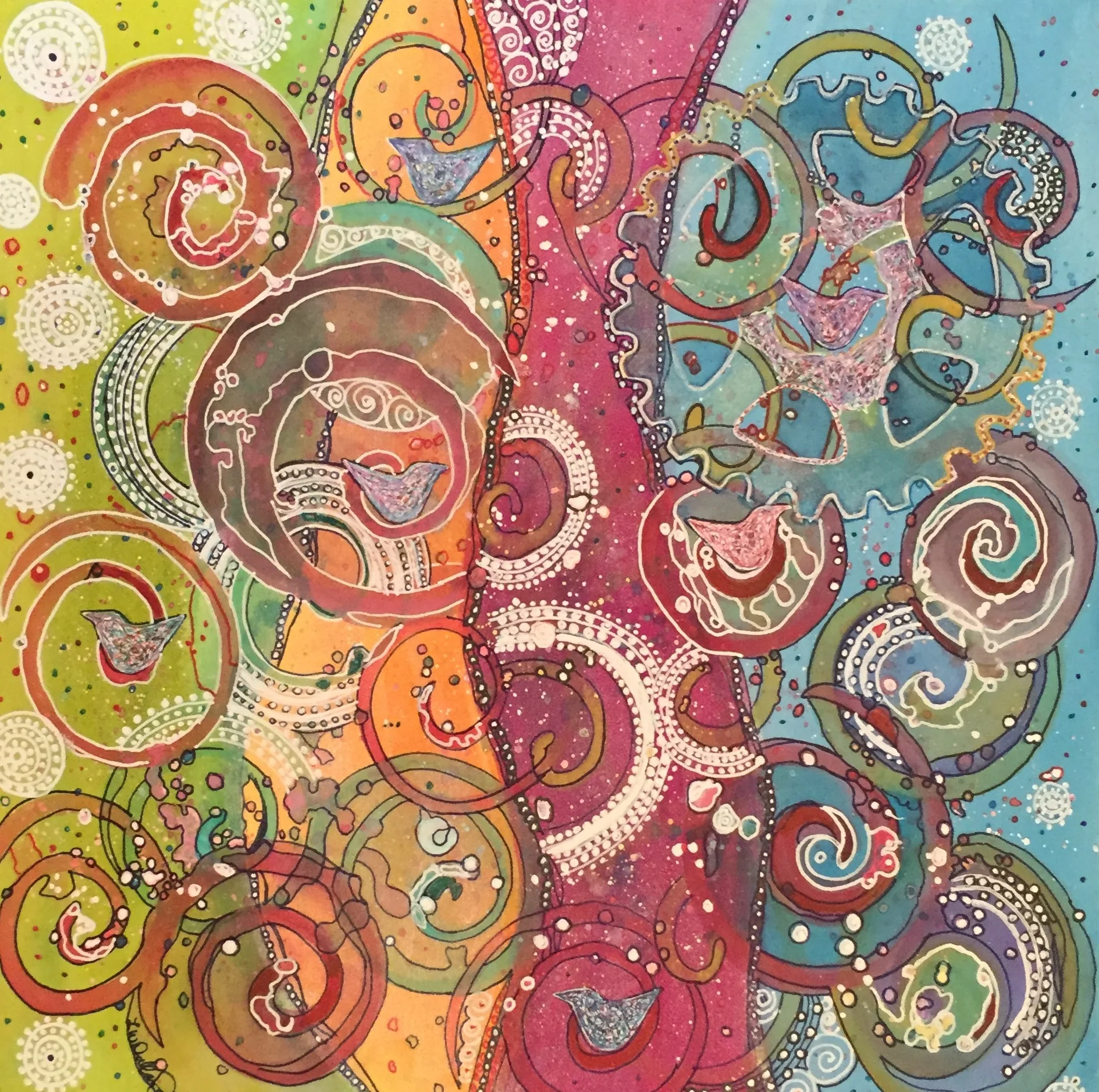 "White Dots In Spirals" Mixed Media 10x"12