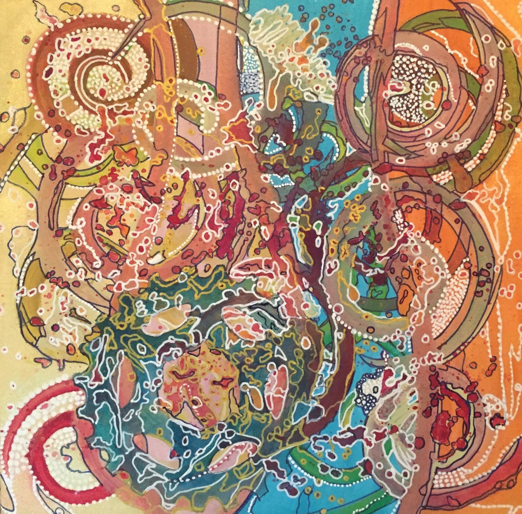"Blue Wave With Spirals" mixed media "8x"8