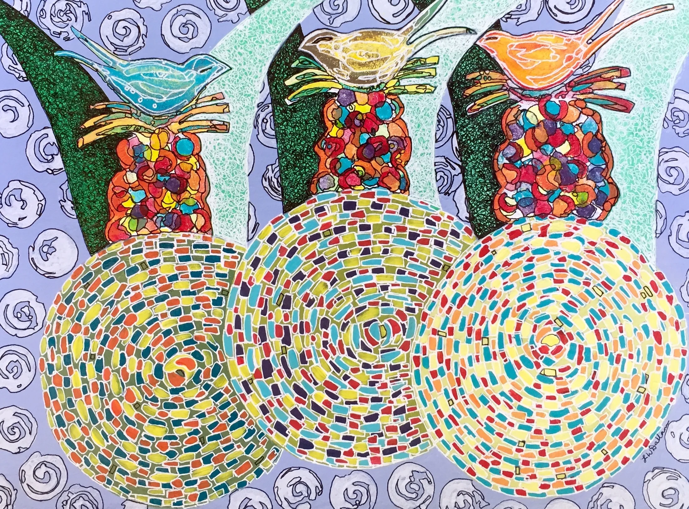 "Three Bluebirds On Hay Roll With Corn" mixed media "15x"11