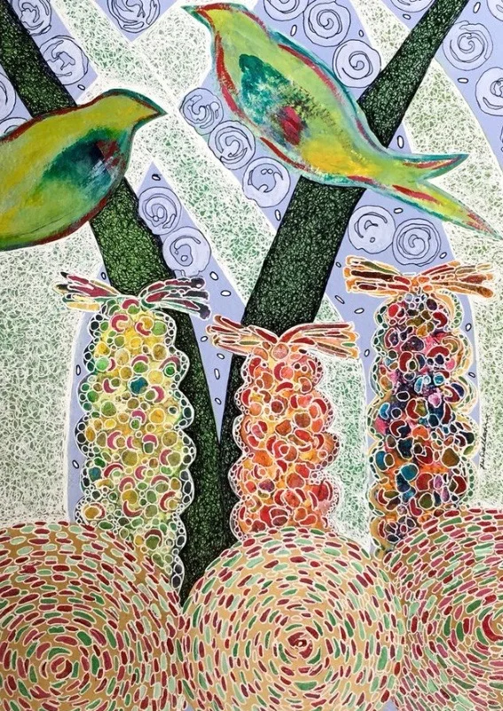 "Two Green Birds" mixed media "15x"11