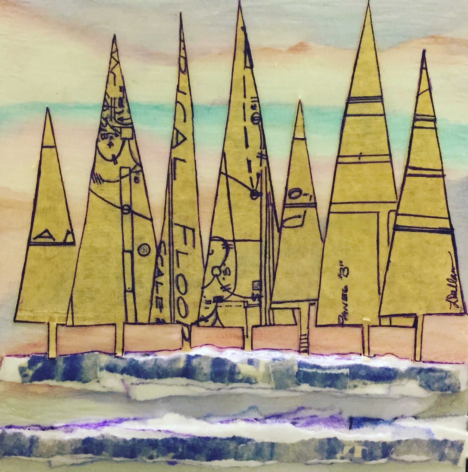 "Old Blueprint Forest" Mixed Media 6 x "6 Sold