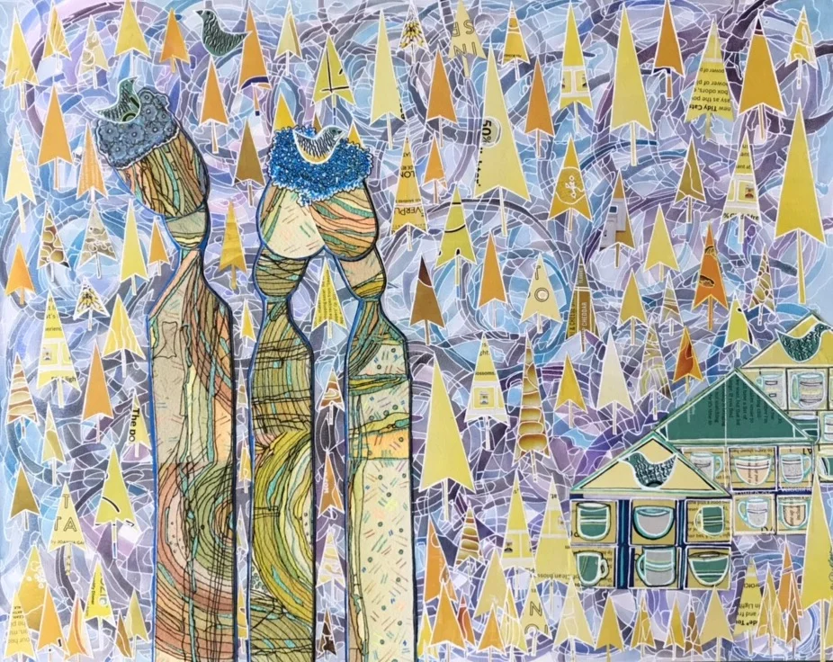 "Three Walking Through The Yellow Forest" Mixed Media 16x"20 Commisioned