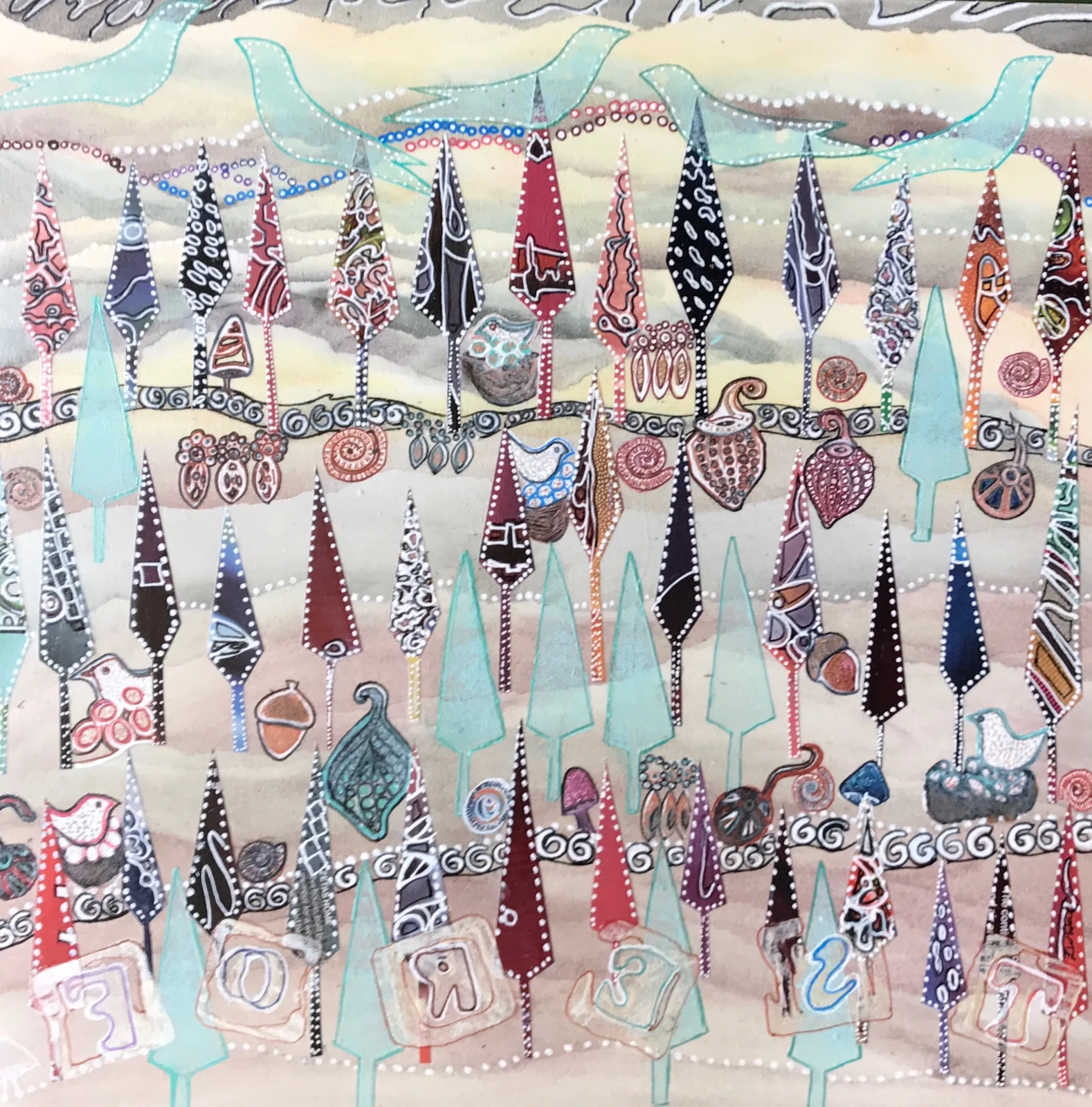 "Acorns! Birds! Snails! Oh My!! Mixed Media 12x"12 $300.00 visting Santa Fe NM