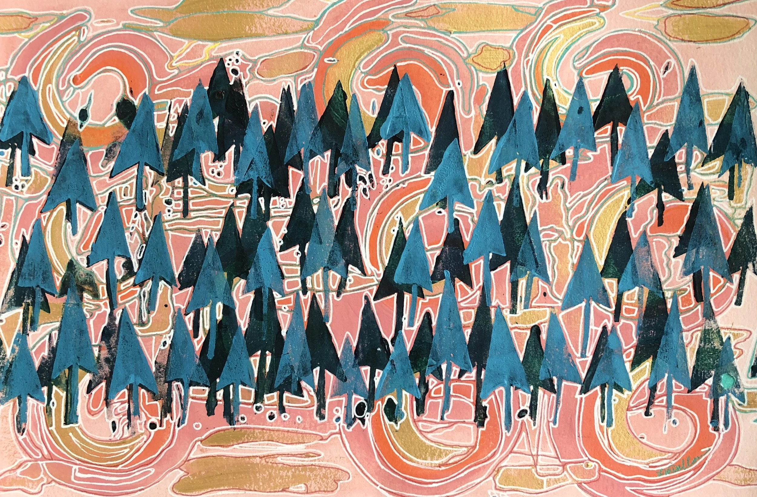 "Tiny Blue Spruces" Mixed Media 12x 8" NFS