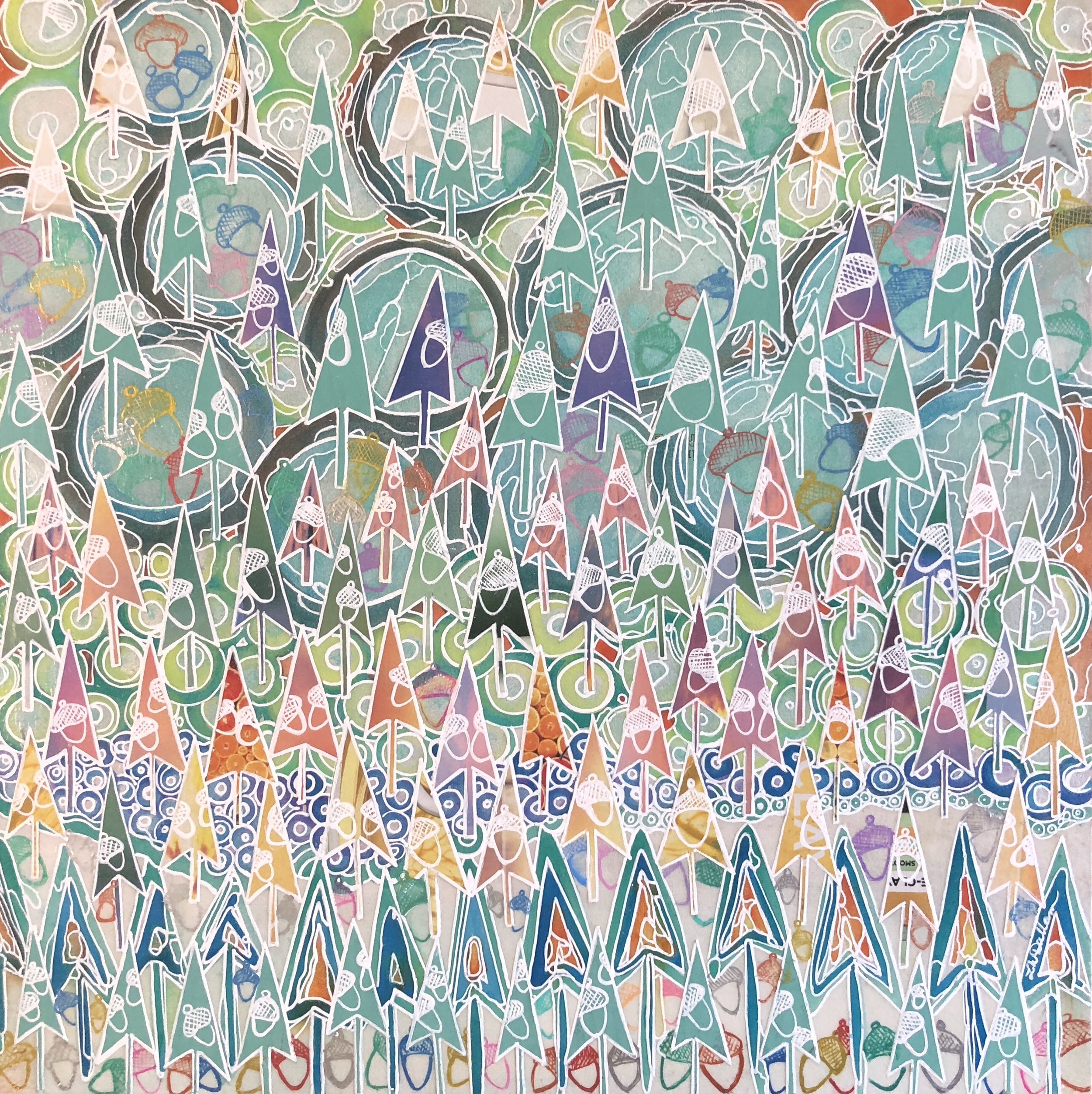 Ornamental Forest With Acorns Mixed Media 12 x 12"