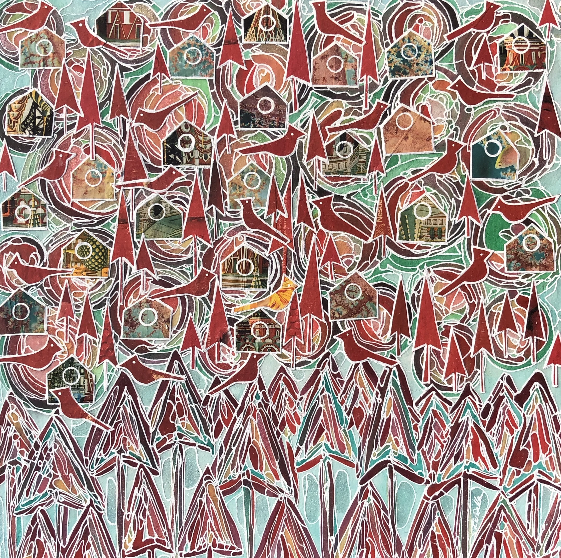 Ornamental Forest With Cardinals And Birdhouses Mixed Media 12 x 12"