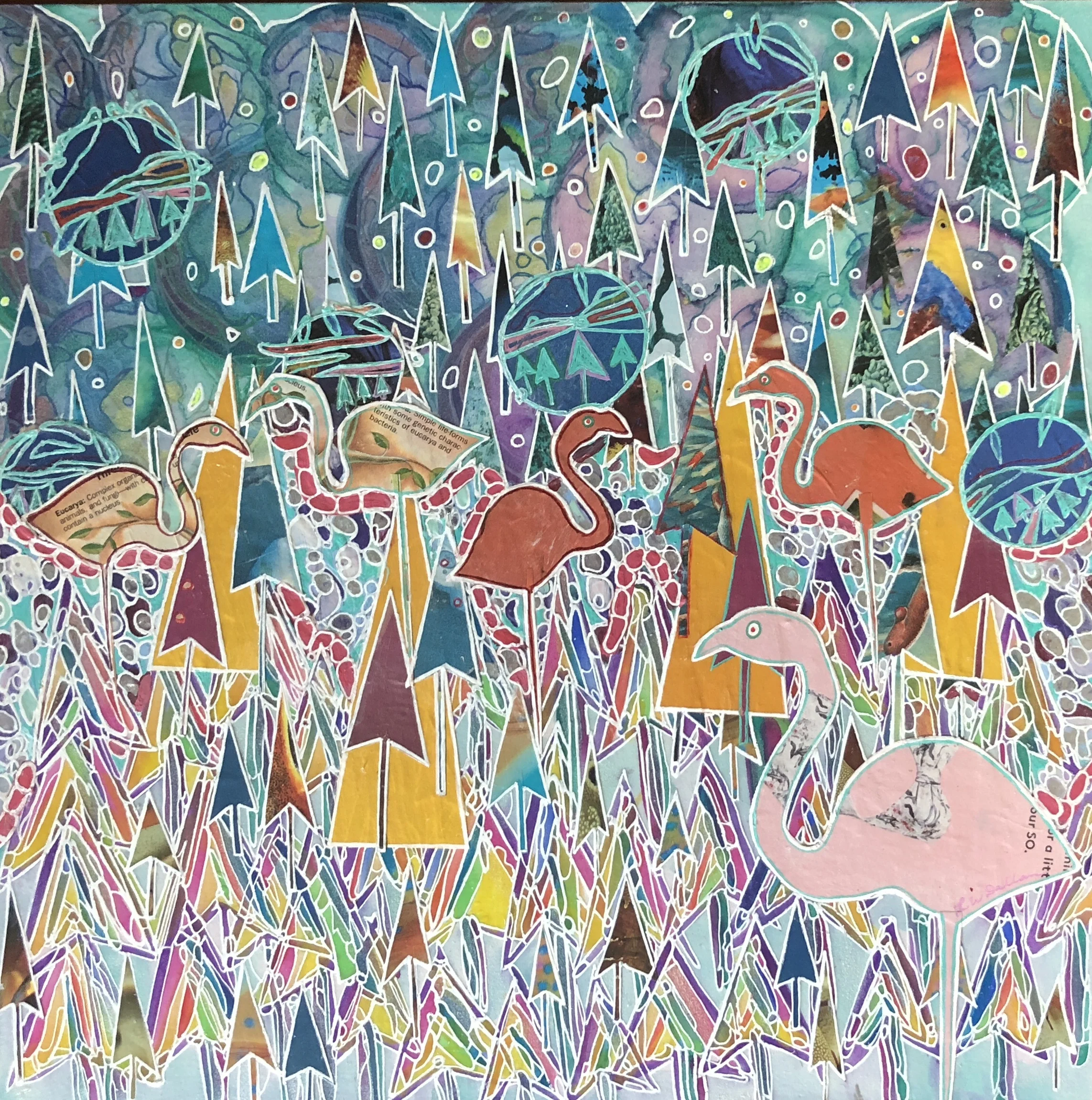 Flamingos In The Forest Mixed Media 12 x 12"