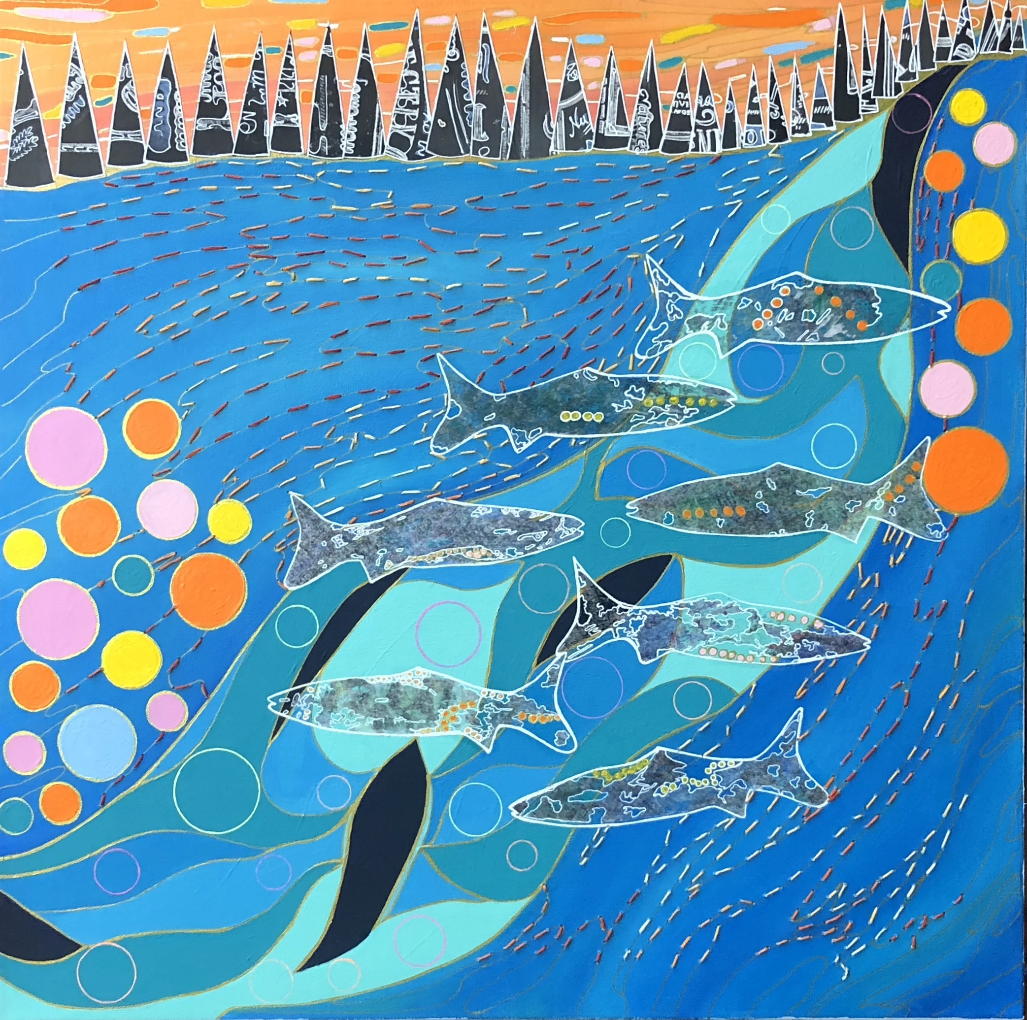 Seven Fish Mixed Media 24x24"