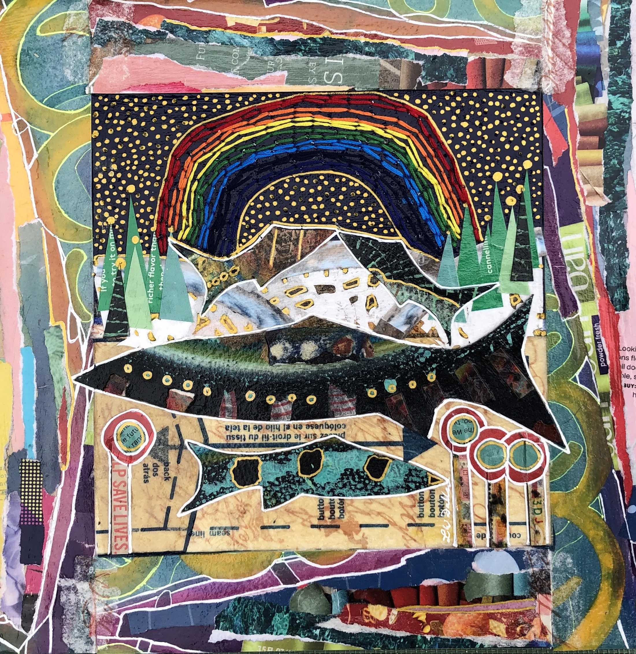 Four Fish Under The Rainbow Mixed Media 10x10"