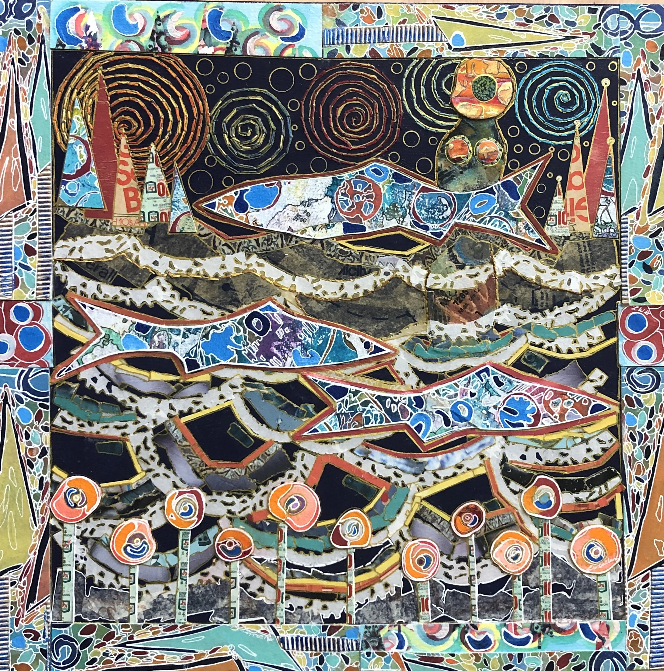 Three Fish at Eventide Mixed Media 20x20"
