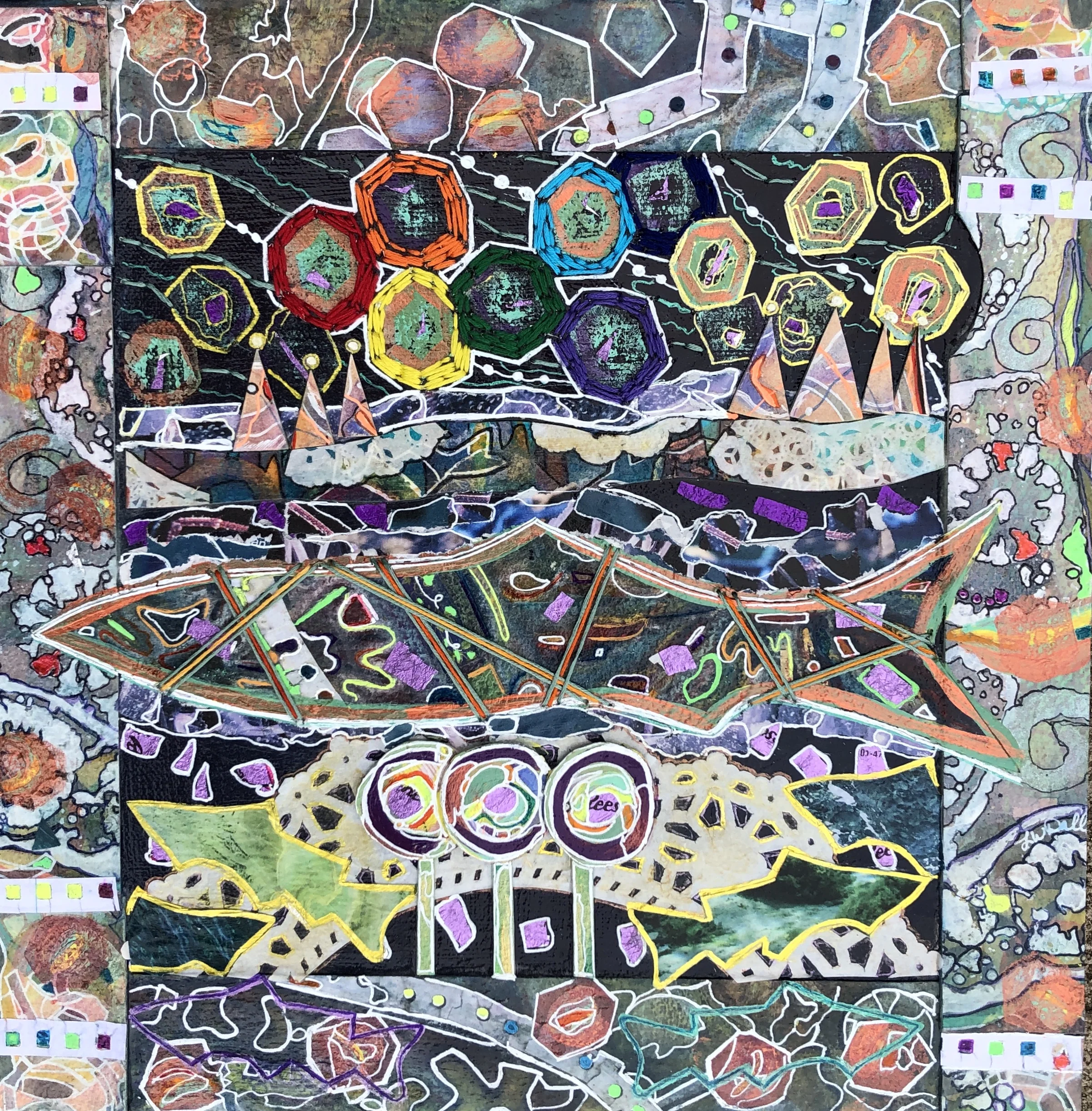 Five Fish Under The Rainbow Hexagon Mixed Media 12x12"