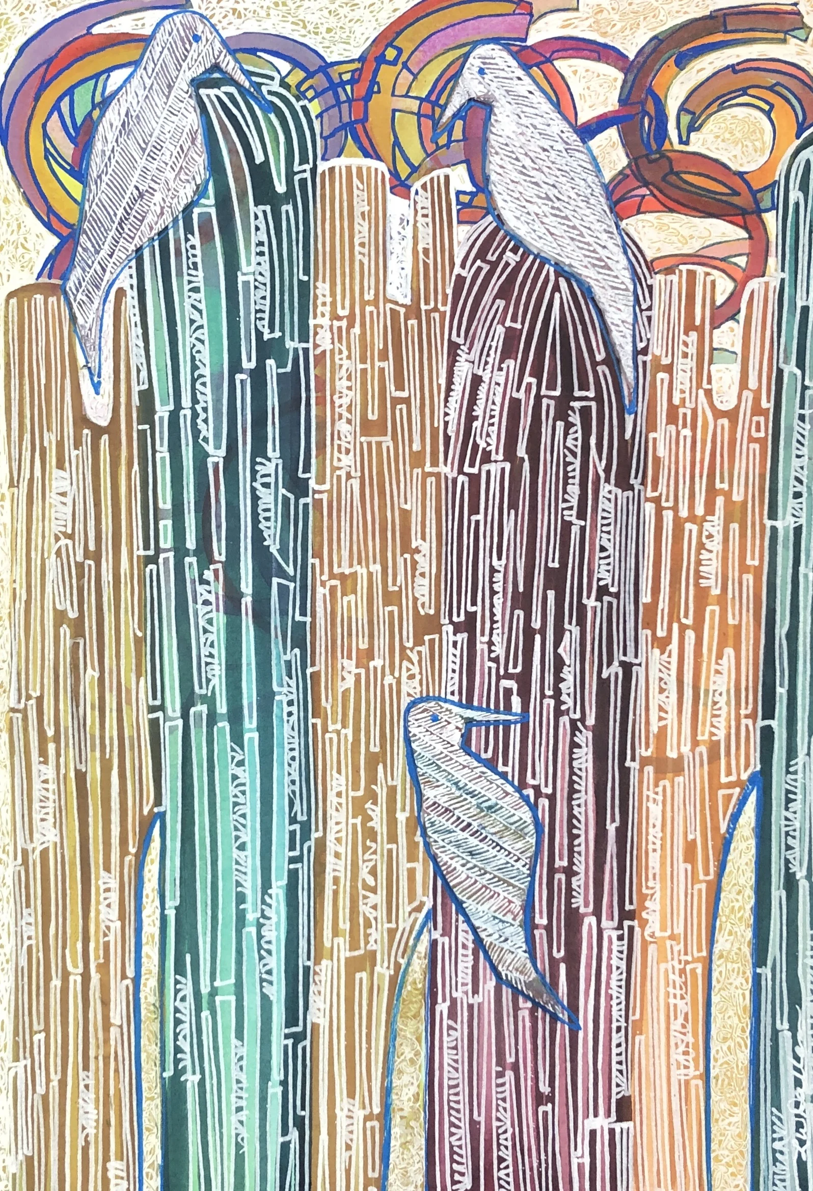 Three White birds on Cacti Mixed Media 11x7.5" for sale in shop