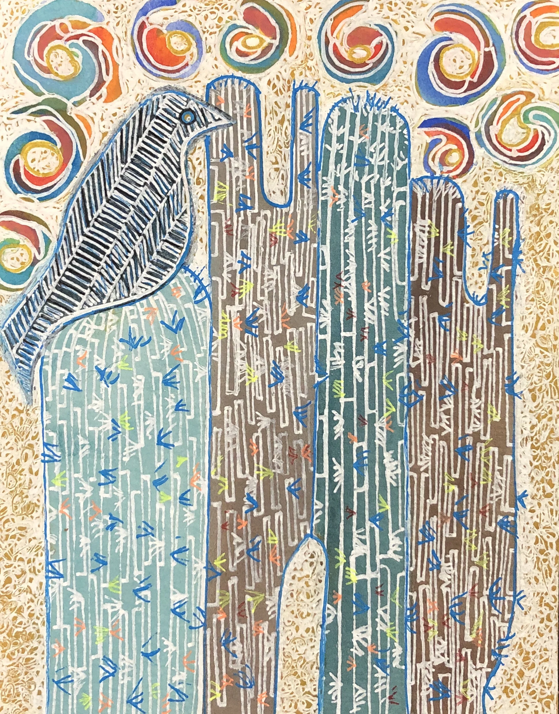 One Bird on Cacti Mixed Media 11x7.5" for sale in shop