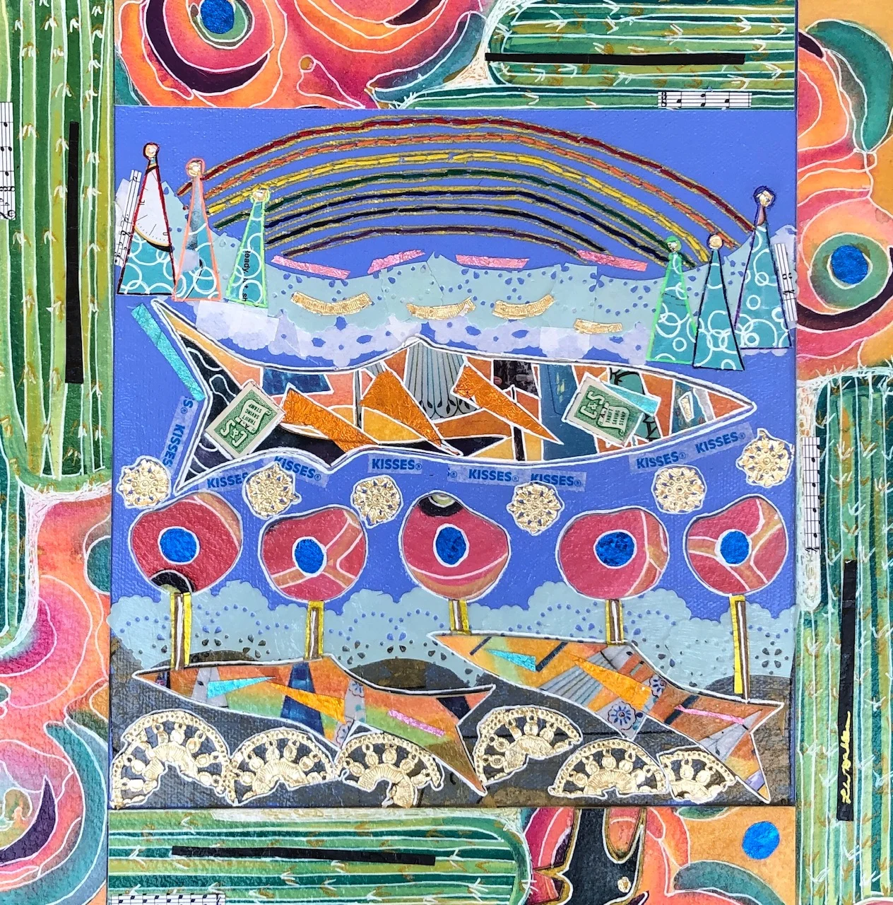 Rainbow Fish and Shells Mixed Media 12x12" for sale $165.00