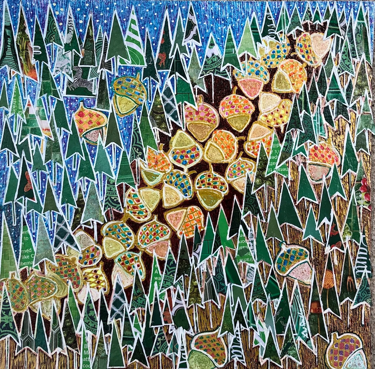 Acorns in the Forest Mixed Media 8x8" For Sale
