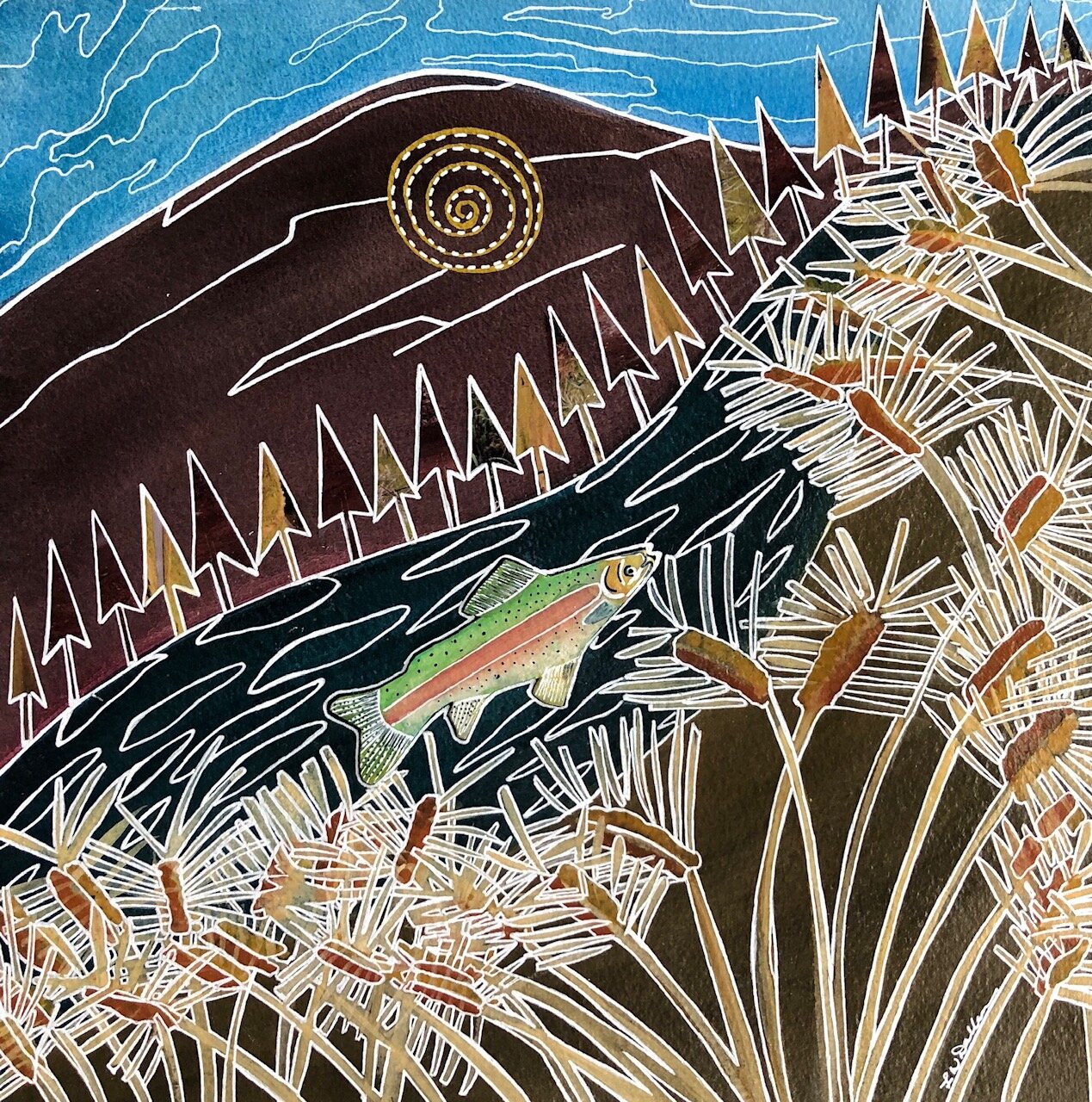 Rainbow Lake Mixed Media 12x12" For Sale